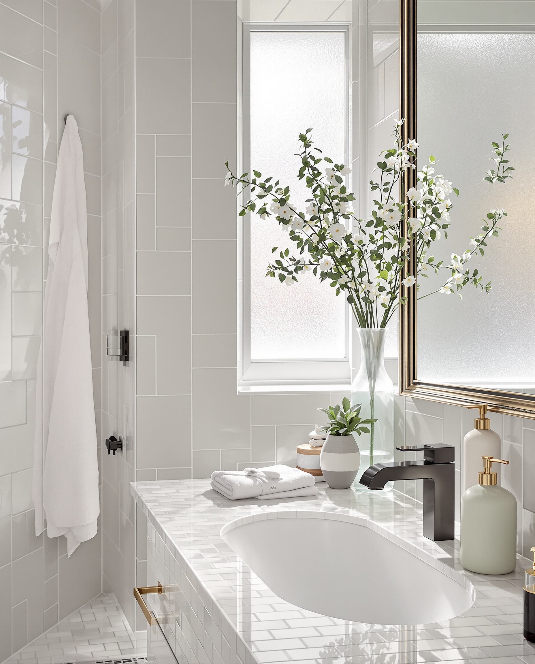 Salle de bains terminée lumineuse et raffinée combinant carrelage moderne robinetterie design et accessoires personnalisés mise en scène évoquant un chef-d'œuvre quotidien.