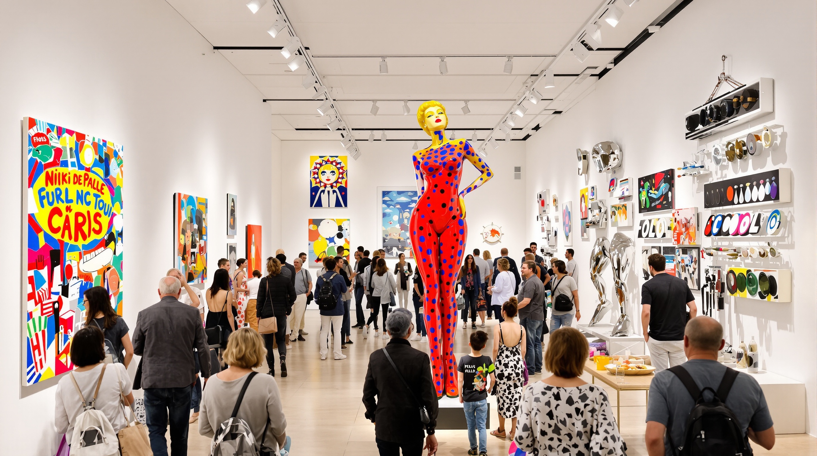 Salle d'exposition Pop Art français : Nana de Niki de Saint Phalle, compression César, toile Martial Raysse