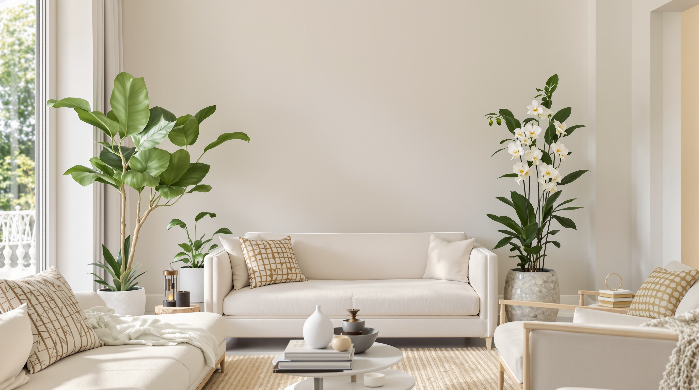 intérieur feng shui moderne avec plantes, carillon, fontaine et objets déco naturels