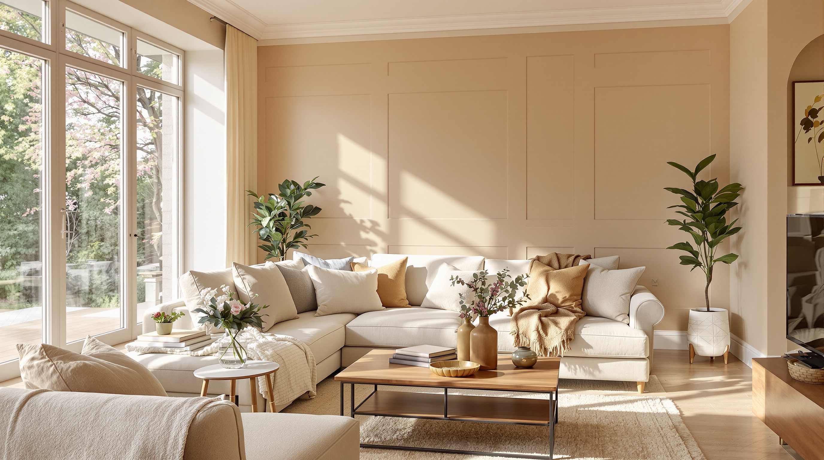 salon 2025 neutres chaleureux beige caramel noyer lumière naturelle