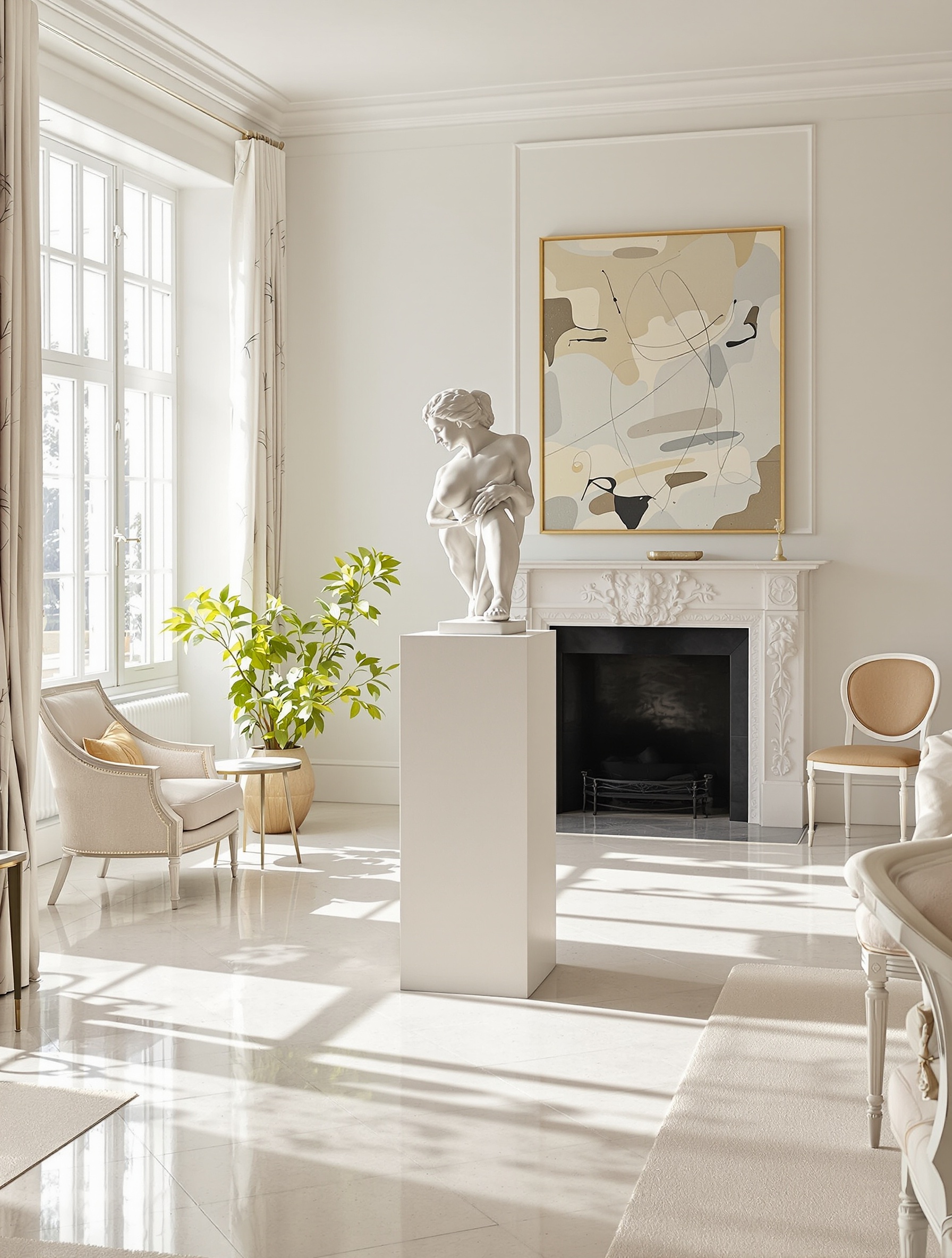 Salon valorisant l’espace vide autour d’une sculpture moderne française