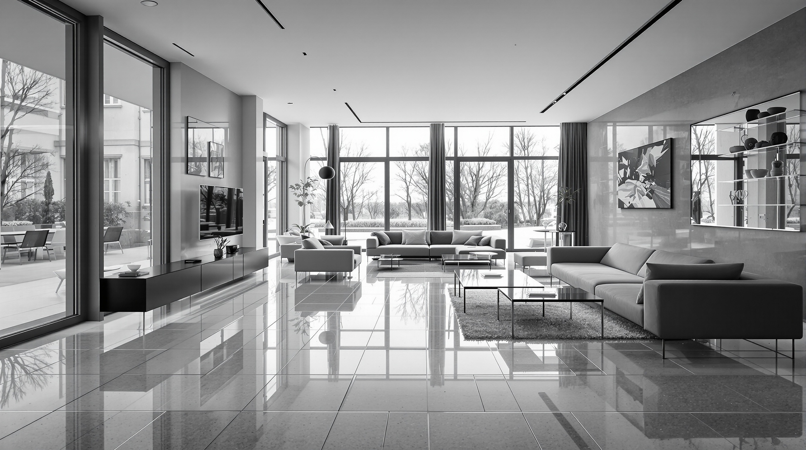 Salon moderne double carrelage effet caisse de résonance