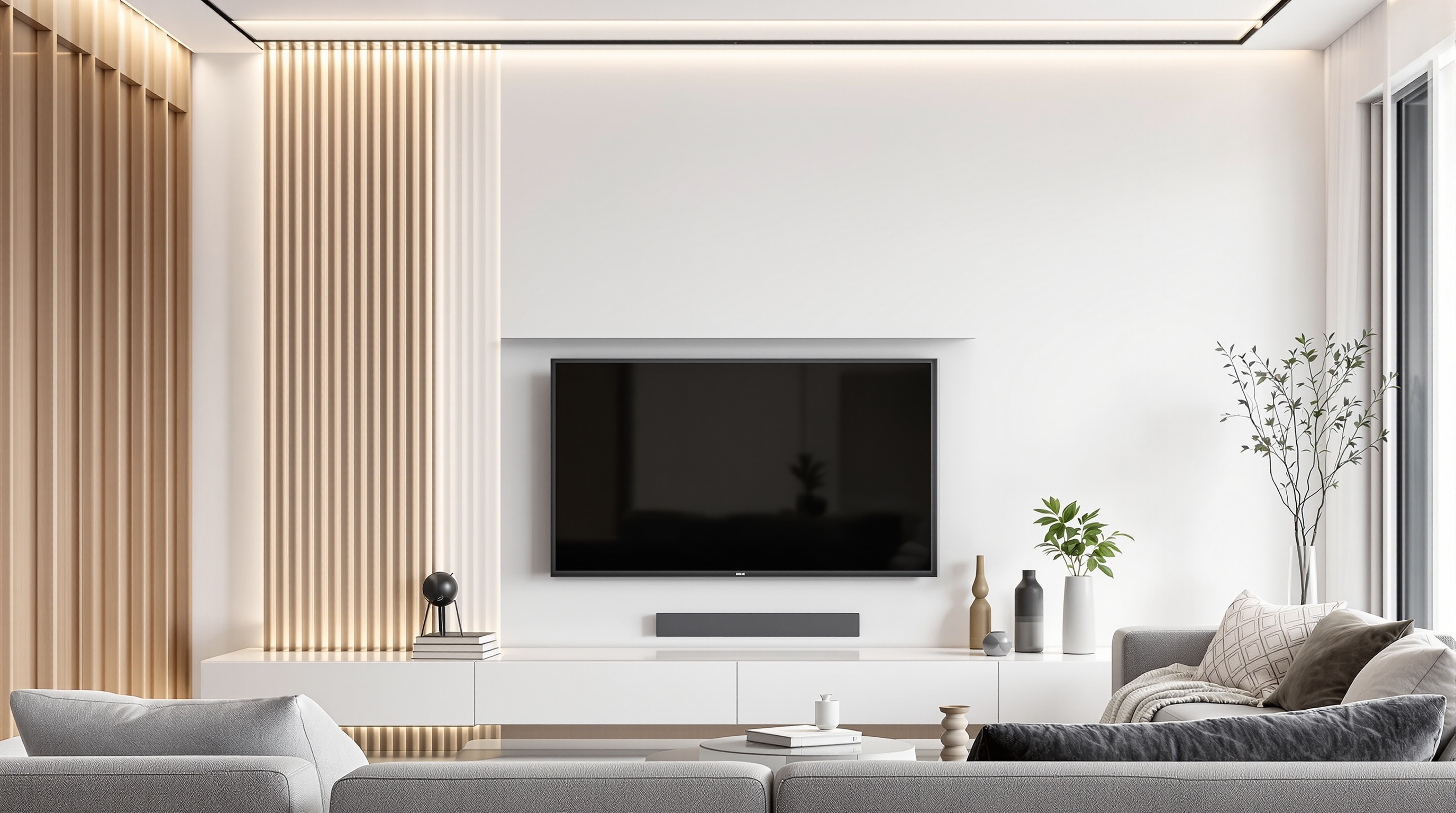 Goulotte peinte ton sur ton derrière TV murale, aucun câble visible