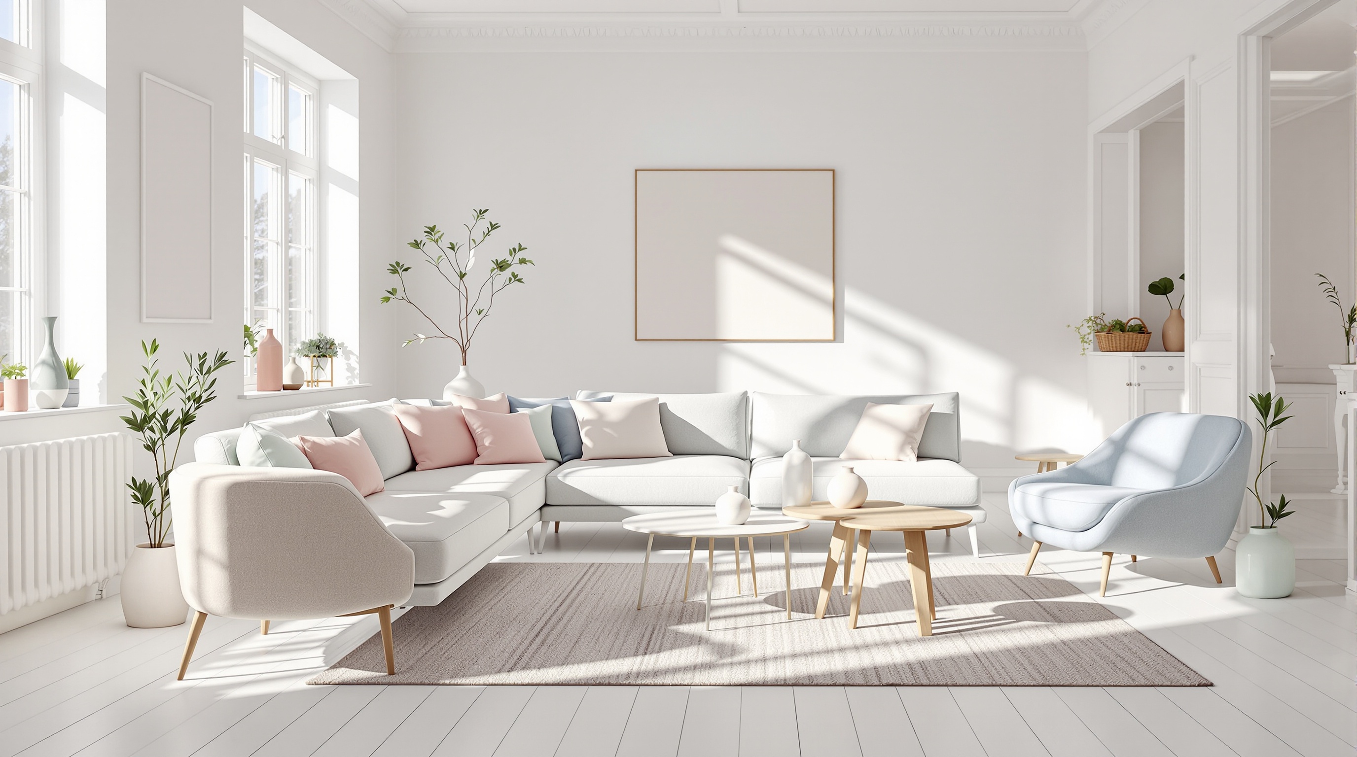 Parquet blanc scandinave salon lumineux mobilier design pastel