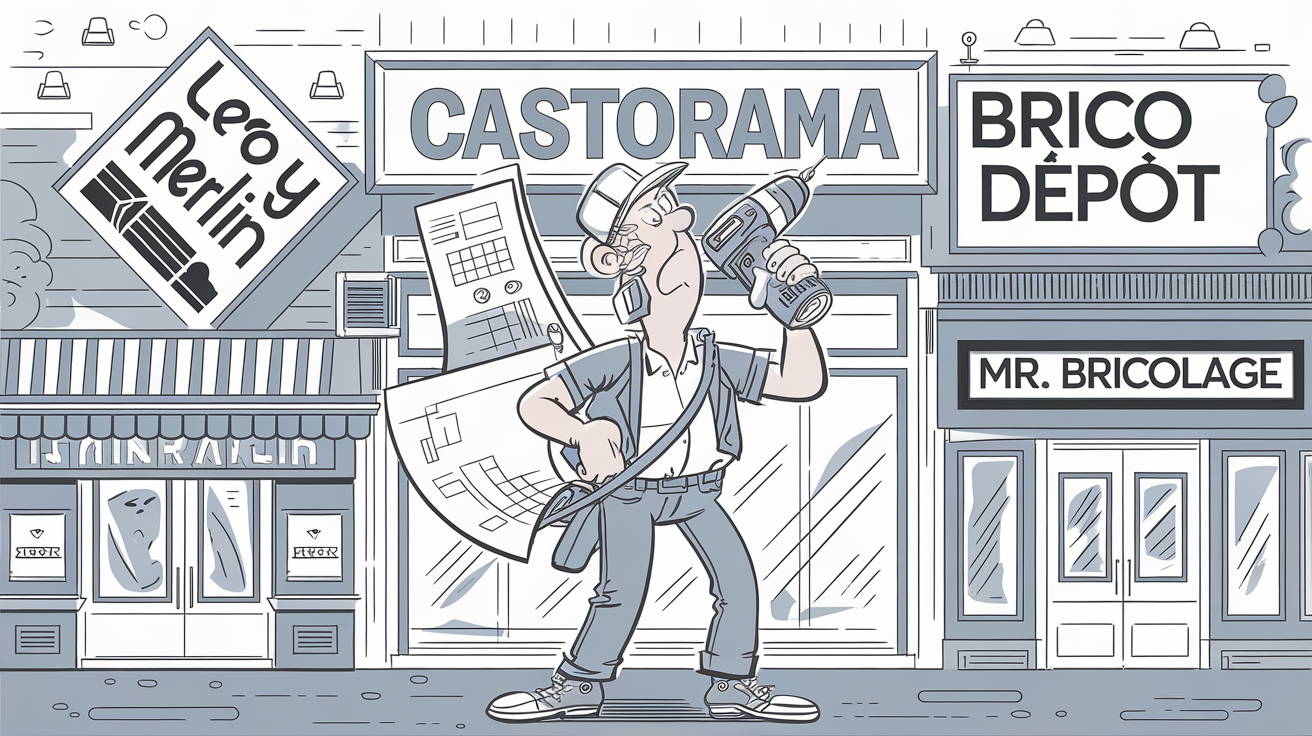 Bricoleur du dimanche devant plusieurs enseignes, plan bancal et perceuse à la main