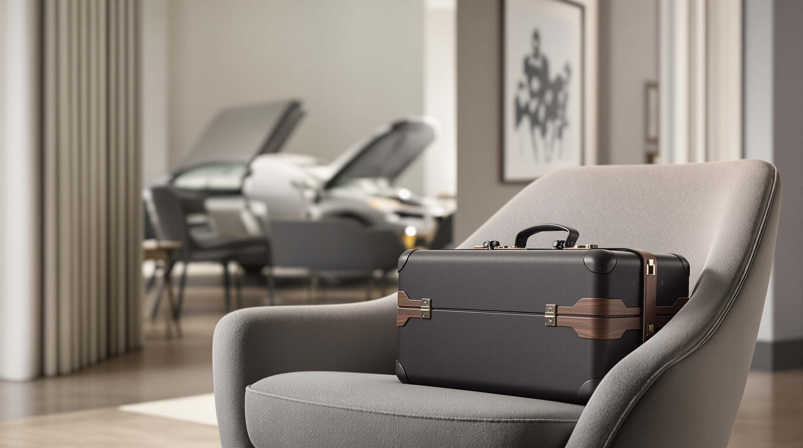 Valise diagnostic sur fauteuil design, ambiance zen et automobile