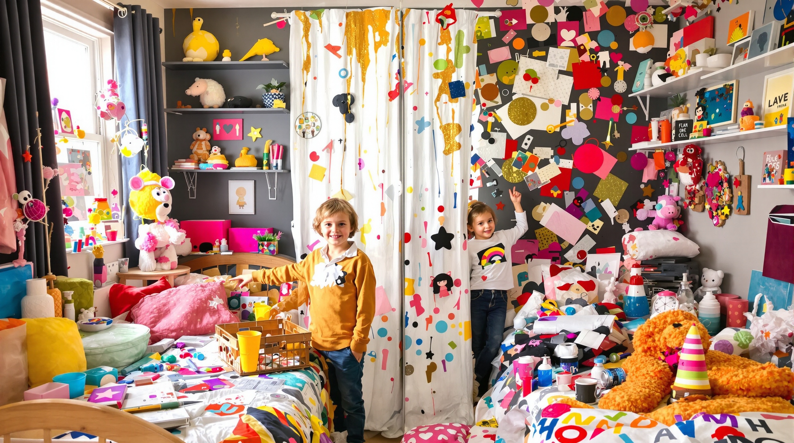 Chambre partagée humoristique : ordonné vs désordonné séparés par déco artistique