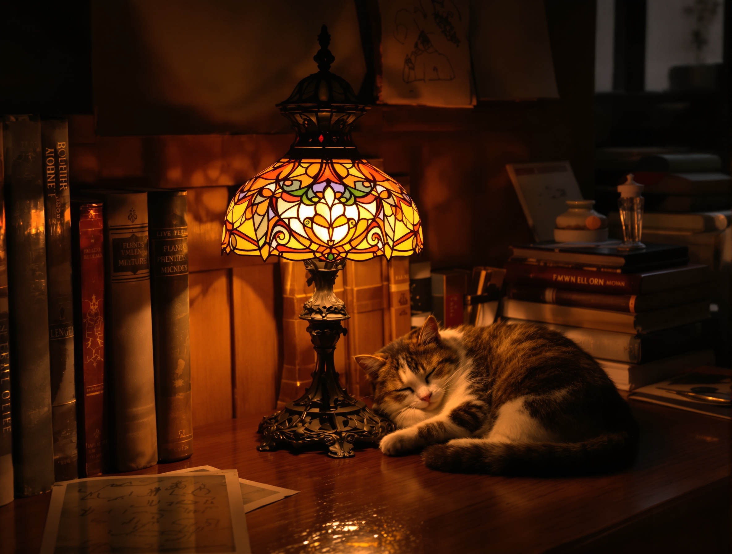 Scène d'intérieur feutrée avec lampe pâte de verre Art Nouveau posée sur table vintage