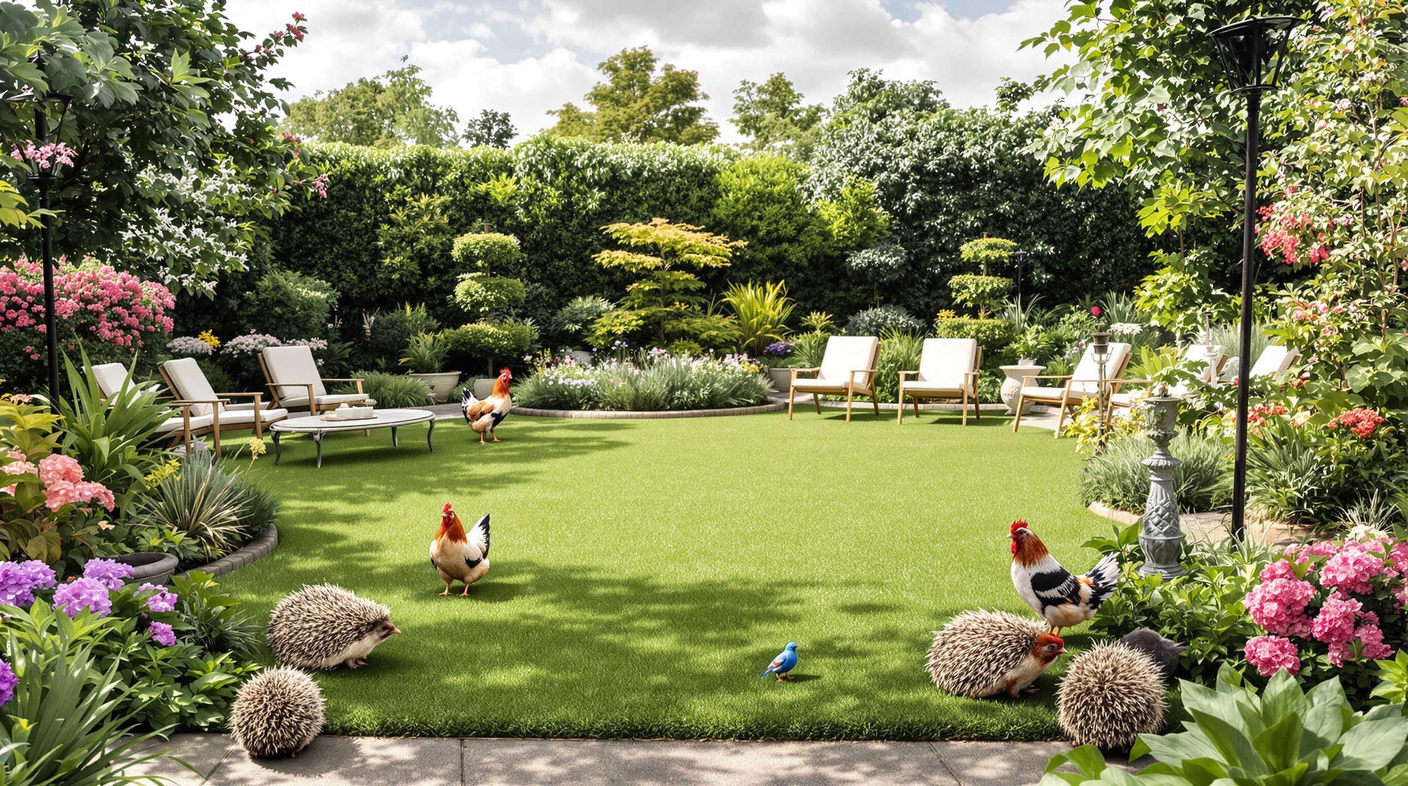Scène stylisée de prédateurs naturels (hérisson, taupe graphique, mésanges, poules) orchestrant une contre-soirée sur une pelouse impeccable.