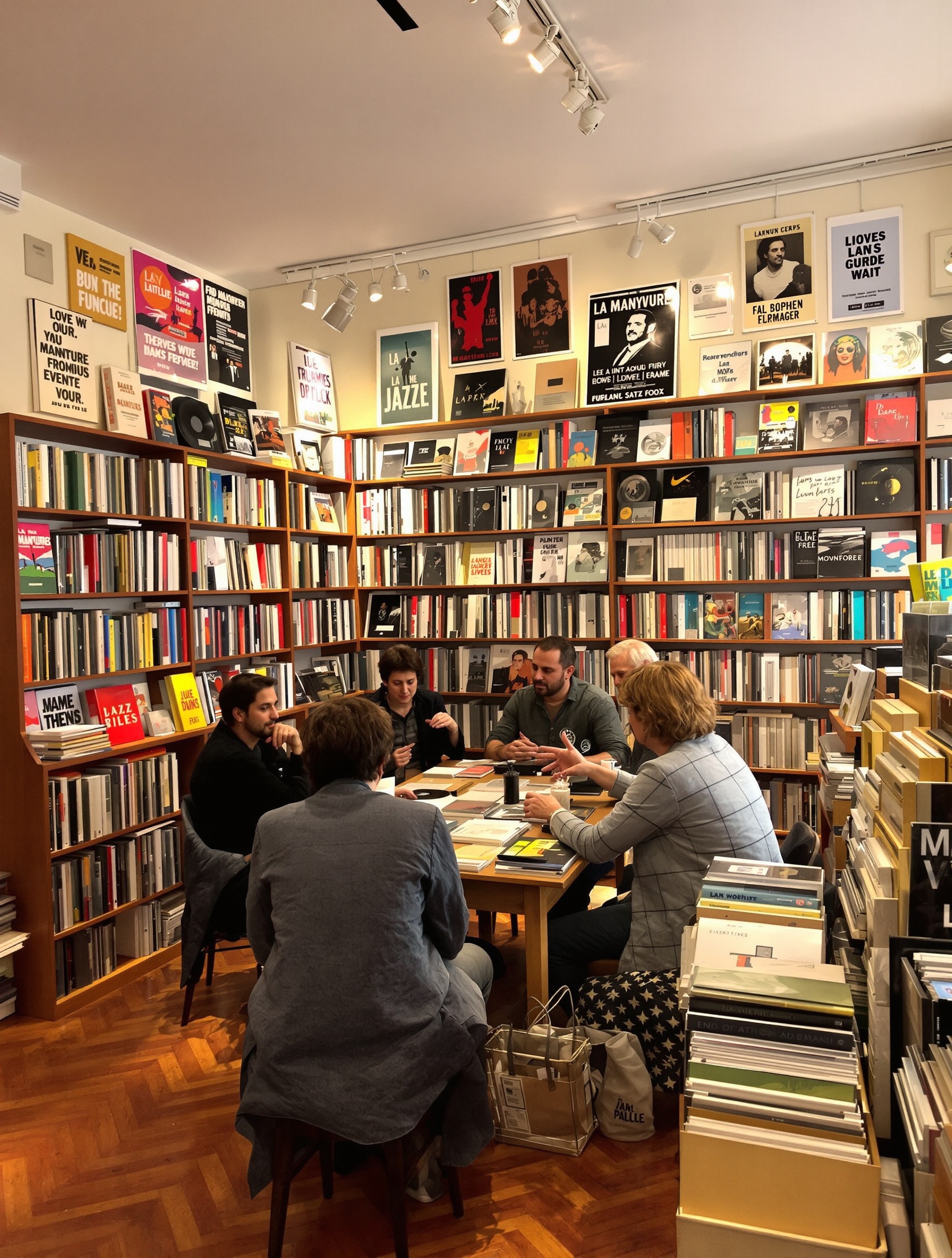 Librairie La Manœuvre : discussions animées, ambiance jazz-rock, affiches culturelles et livres en abondance