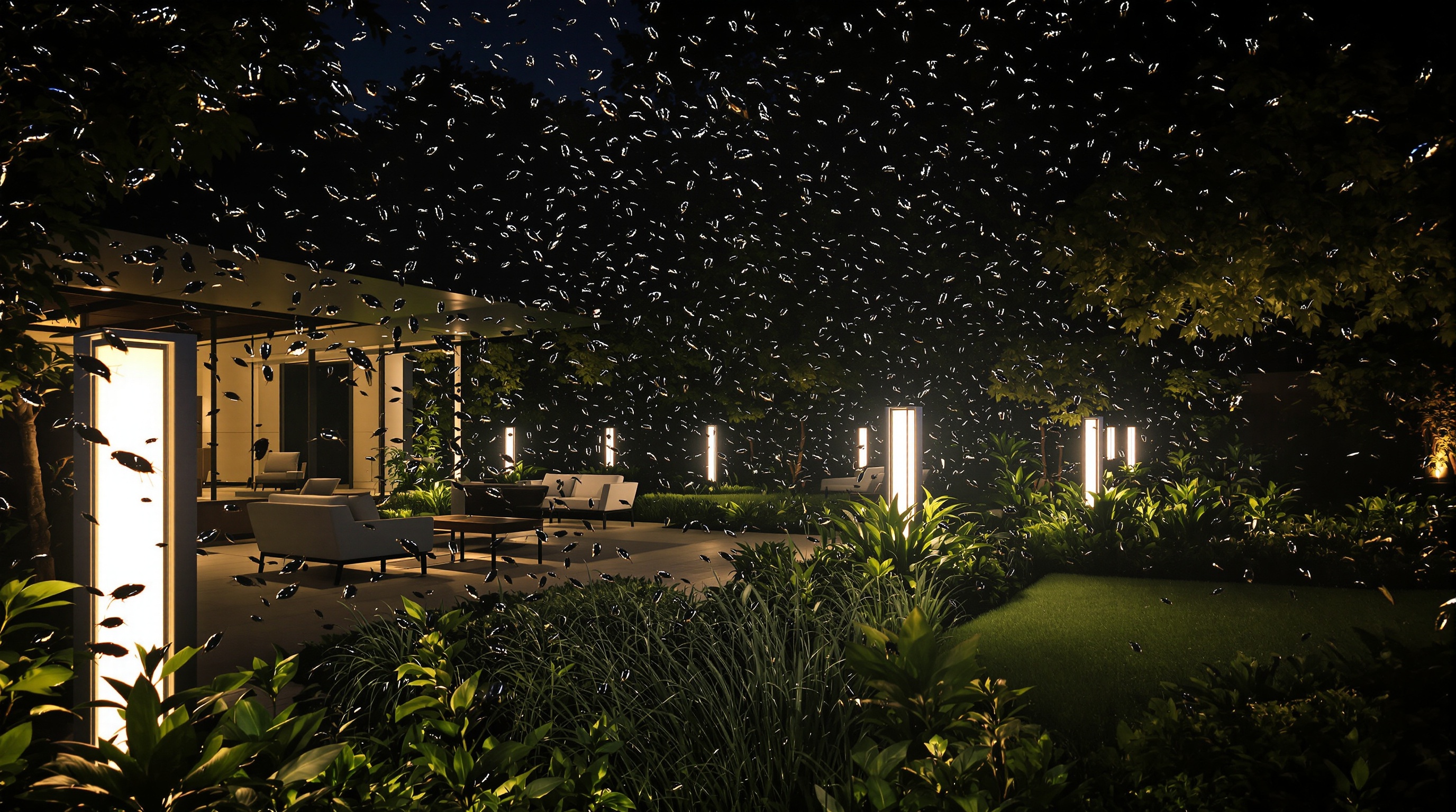 Jardin nocturne élégant avec luminaires modernes attirant une nuée de hannetons noirs