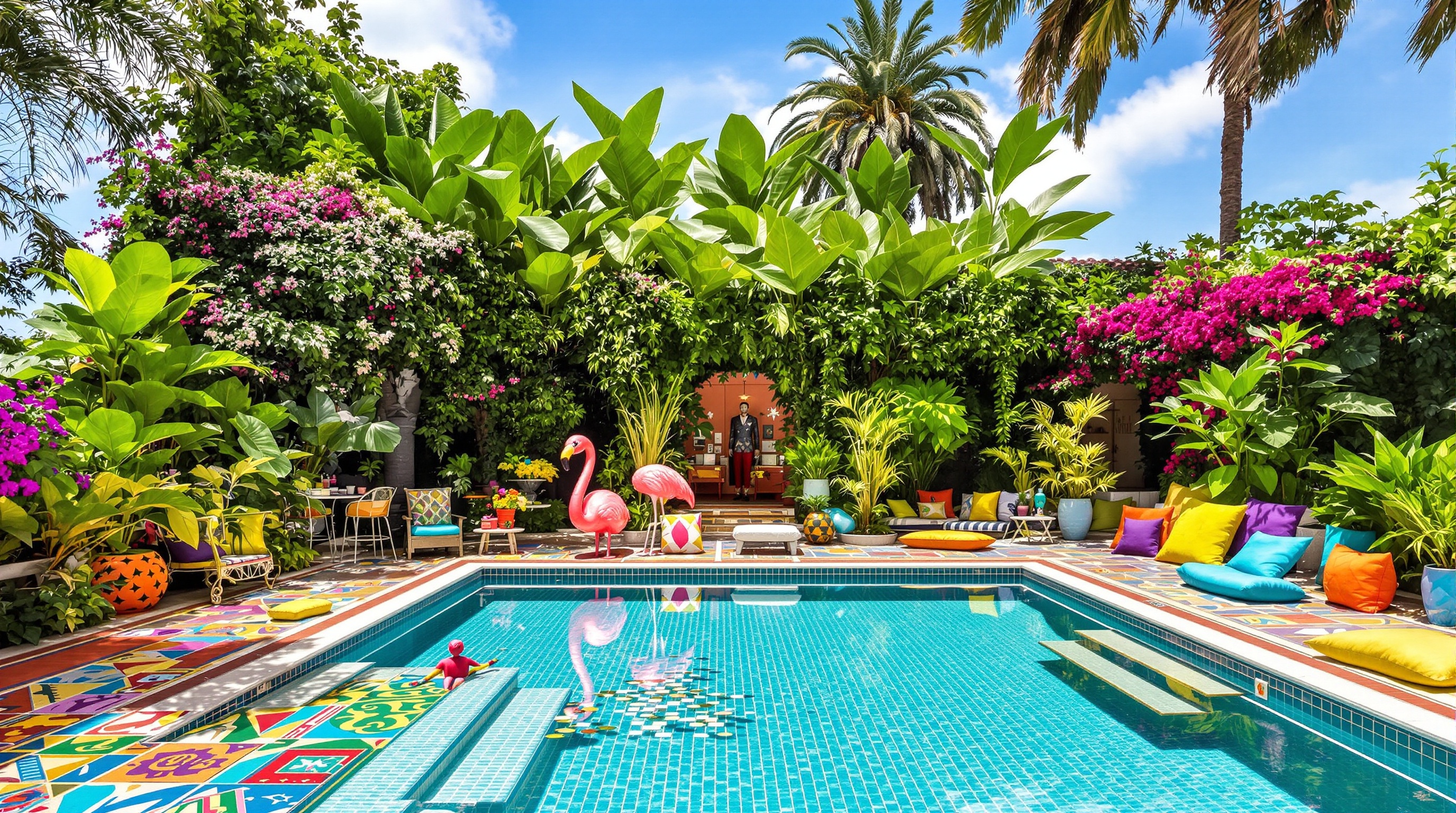 Scène théâtrale extérieure autour d'une piscine mêlant sol design, végétation méditerranéenne structurée et accessoires décalés.