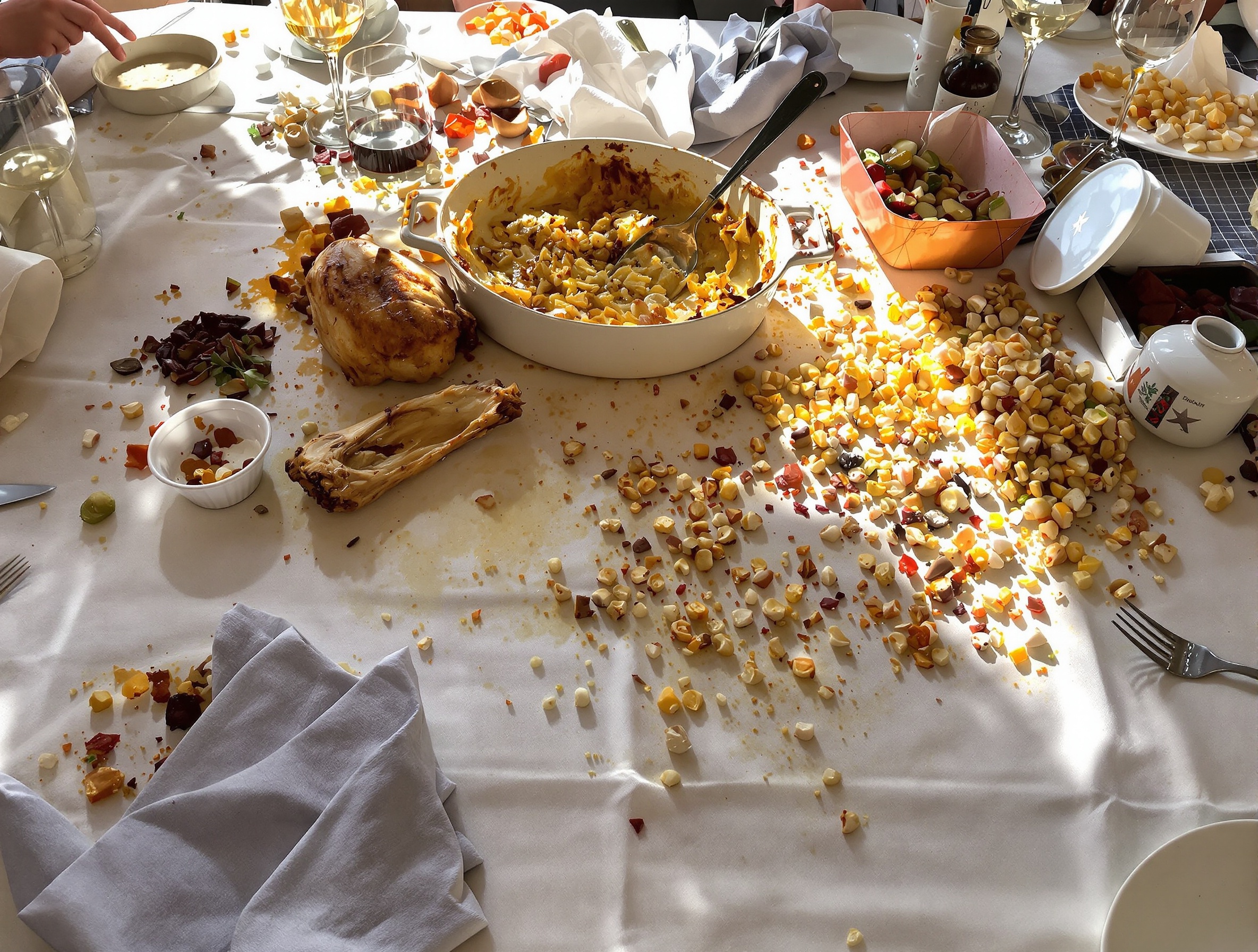 Fin de repas de poulet rôti, table en désordre, humour arty.