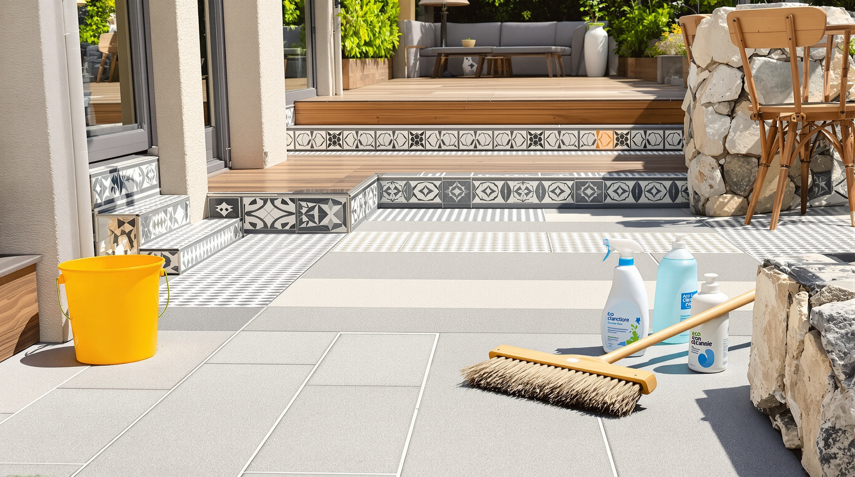 Entretien terrasse mosaïque matériaux en action scène réaliste