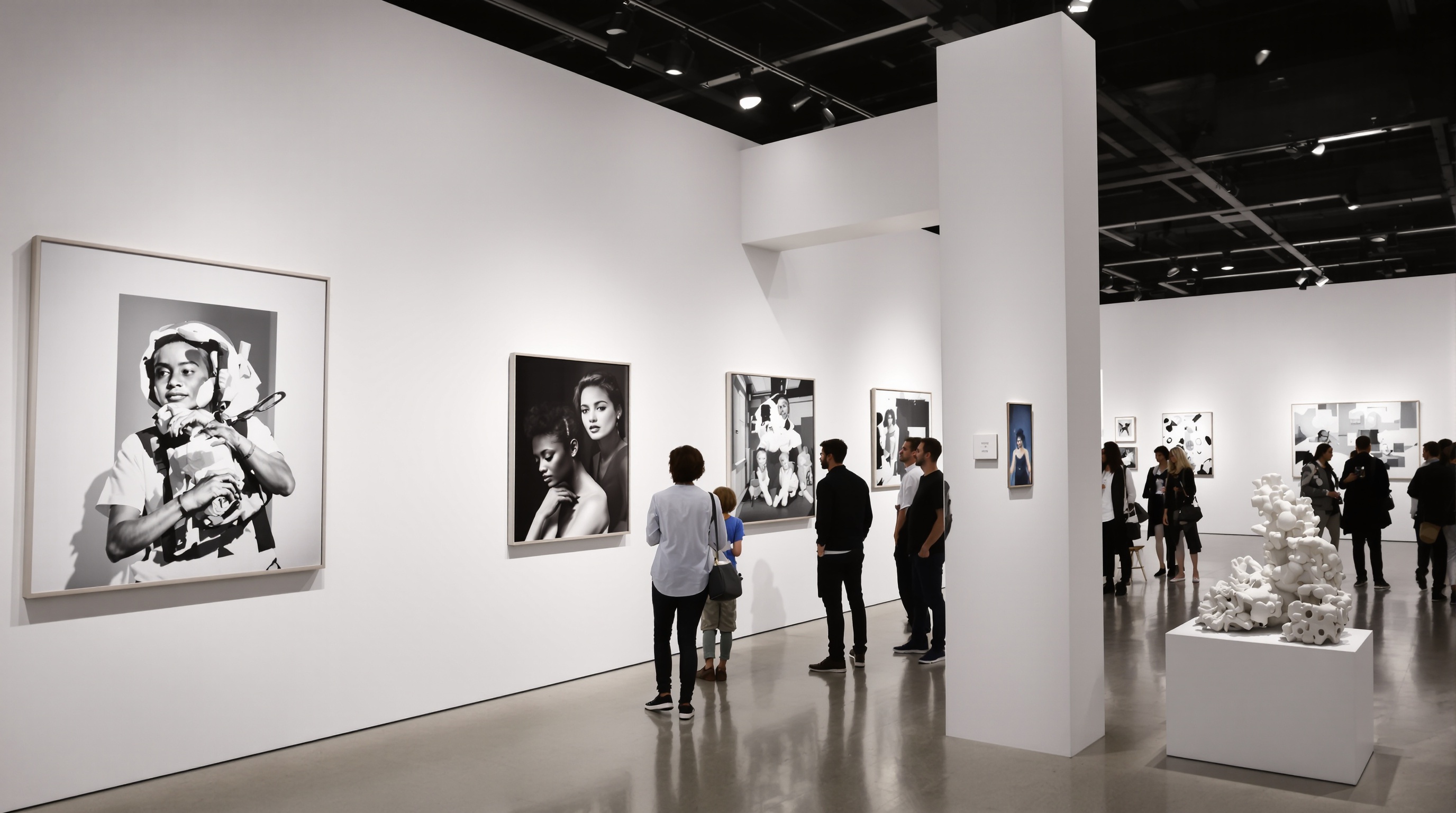 Scénographie d'une exposition dans une galerie contemporaine, photographie et objets singuliers, Marais, Paris