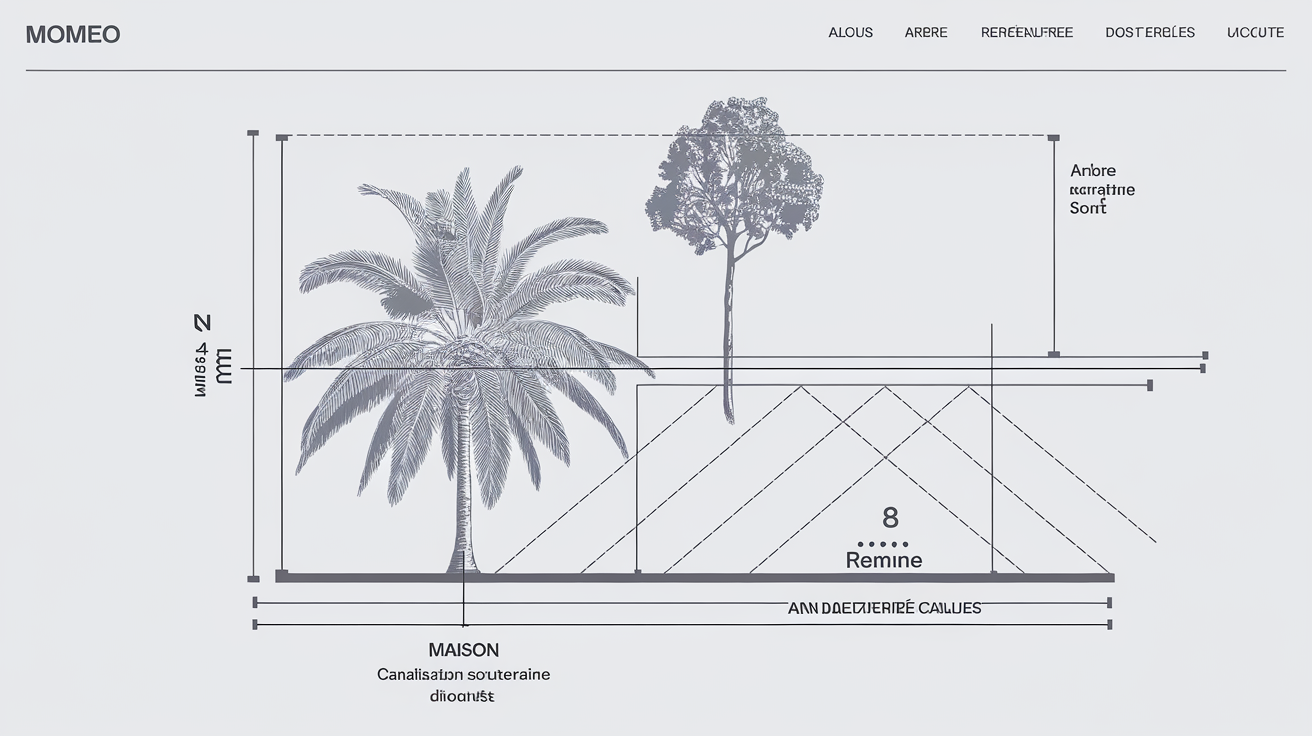 Schéma clair des distances recommandées entre palmier adulte, maison et autres implants.
