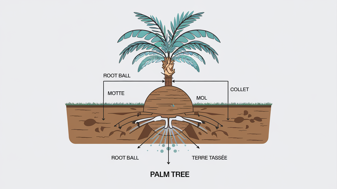 Schéma positionnement collet palmier plantation niveau sol arrosage