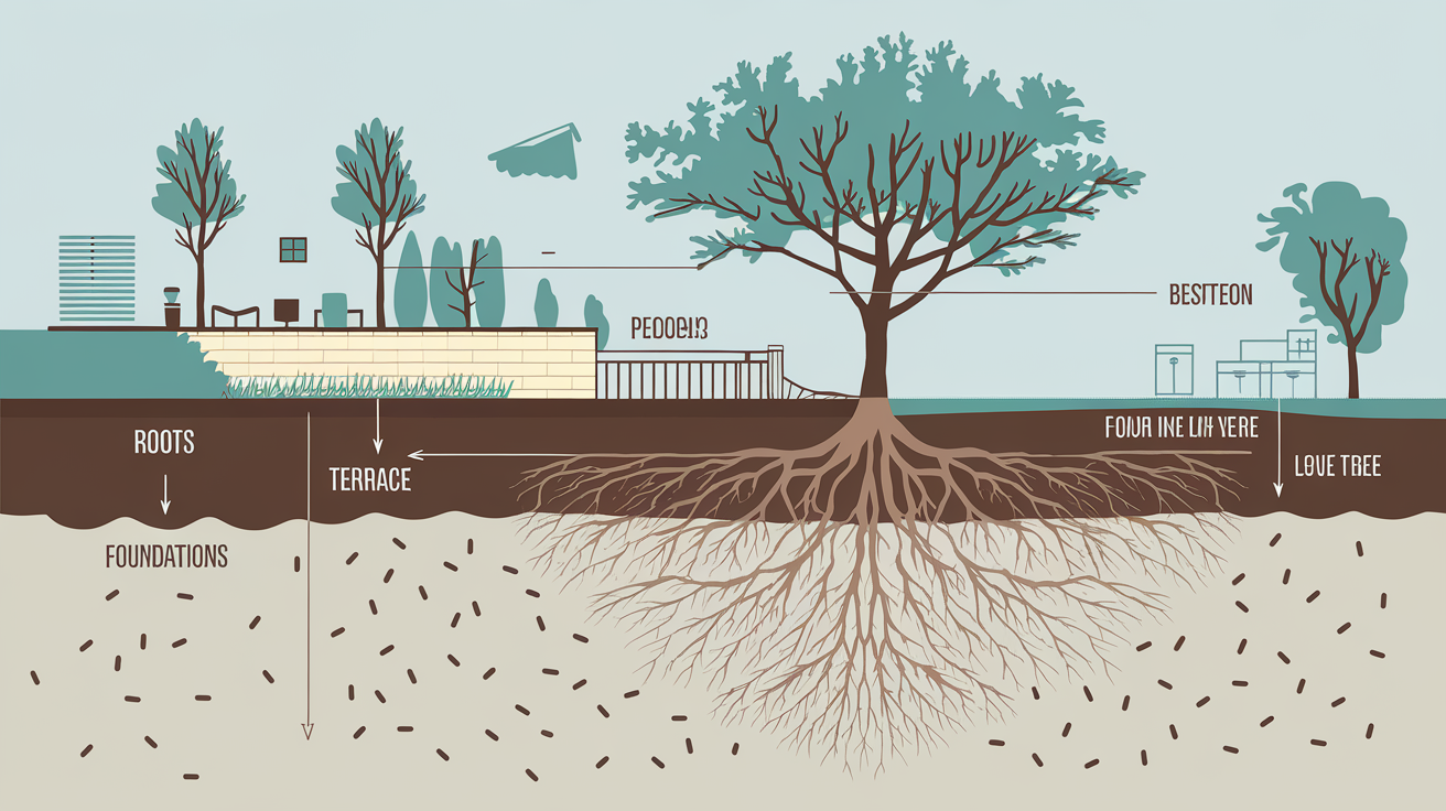 Schéma des racines traçantes d'un albizia et leurs dangers pour la maison