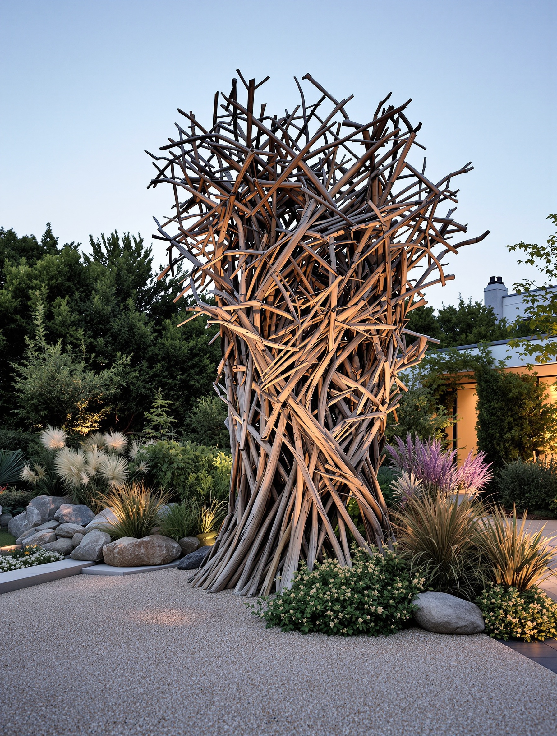 sculpture extérieure jardin branches arbre, effet artistique