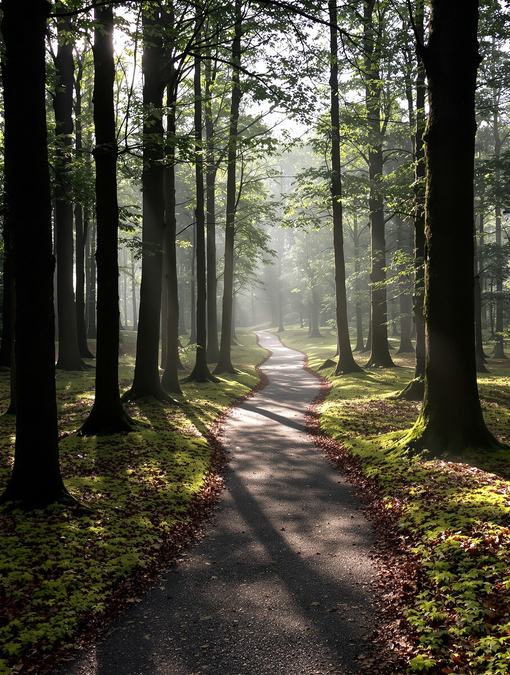 Un sentier forestier dans le Parc Naturel des Vosges du Nord, baigné d’une lumière douce filtrant à travers les arbres. On ressent le calme, le silence et une aura de mystère propre aux sous-bois alsaciens.