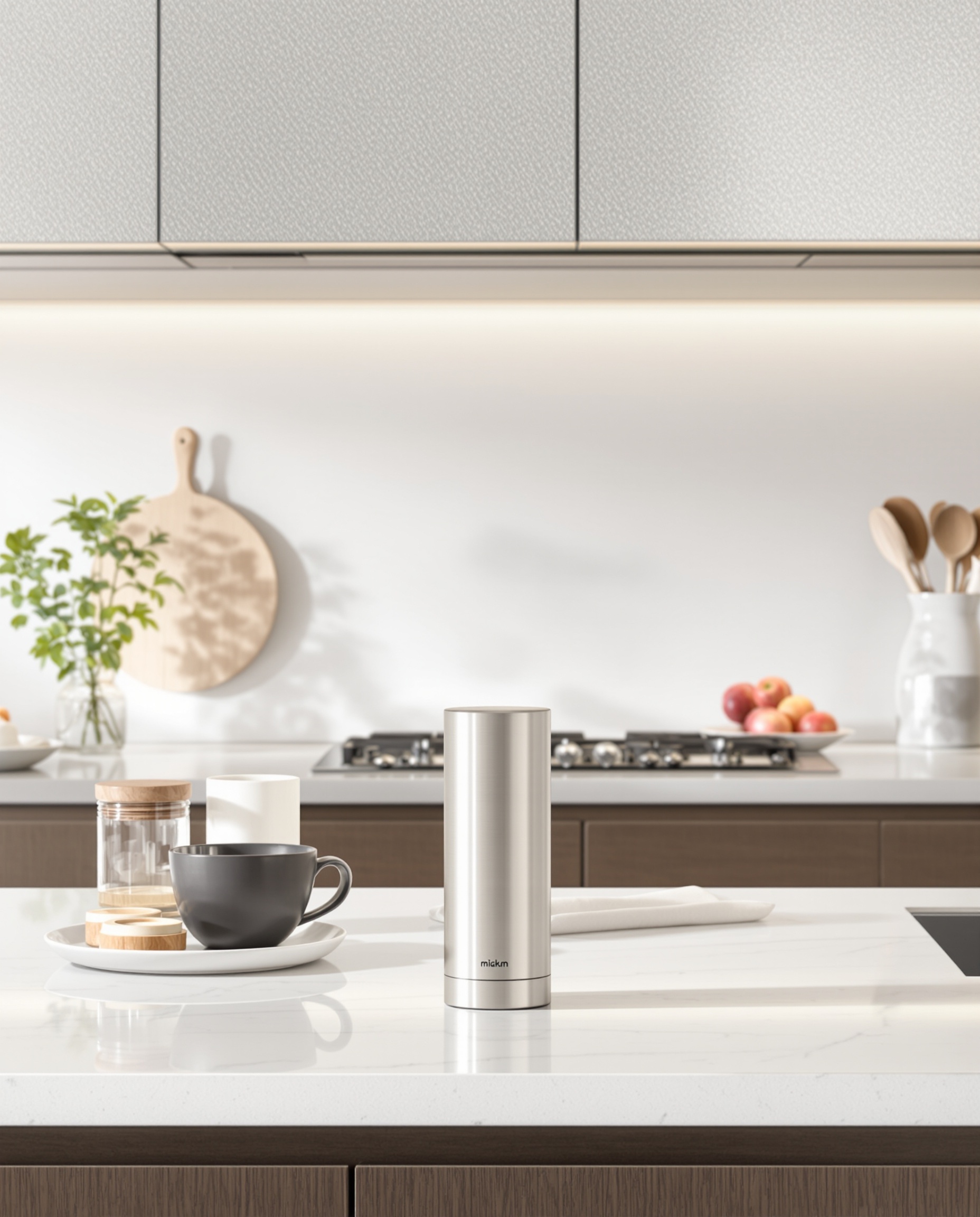 Le Shaker Miam Cookut élégamment posé sur un plan de travail de cuisine moderne, prêt à être utilisé pour une préparation rapide et sans désordre.