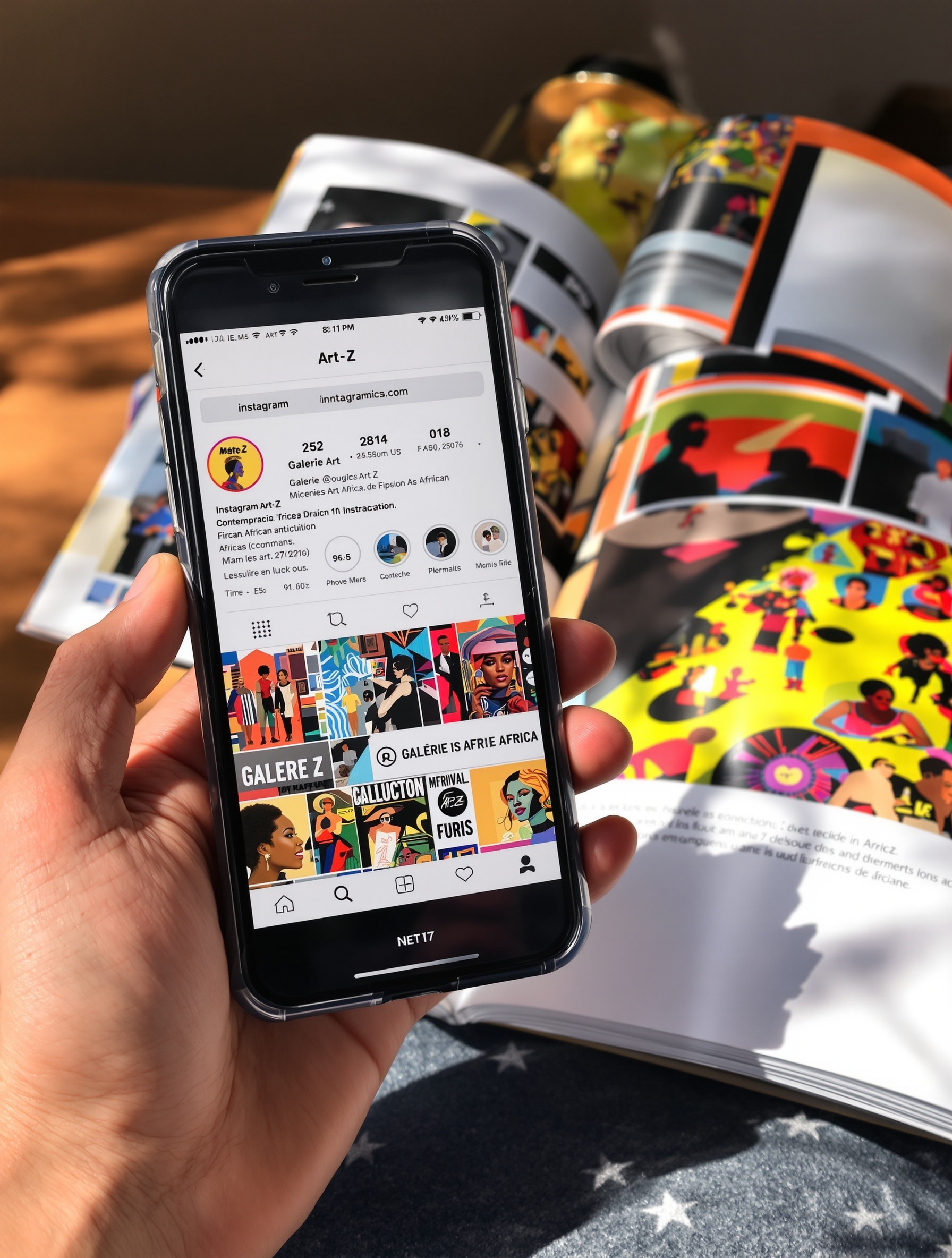 Compte Instagram de la Galerie Art-Z consulté sur un smartphone, affichant des photos d’œuvres contemporaines africaines.