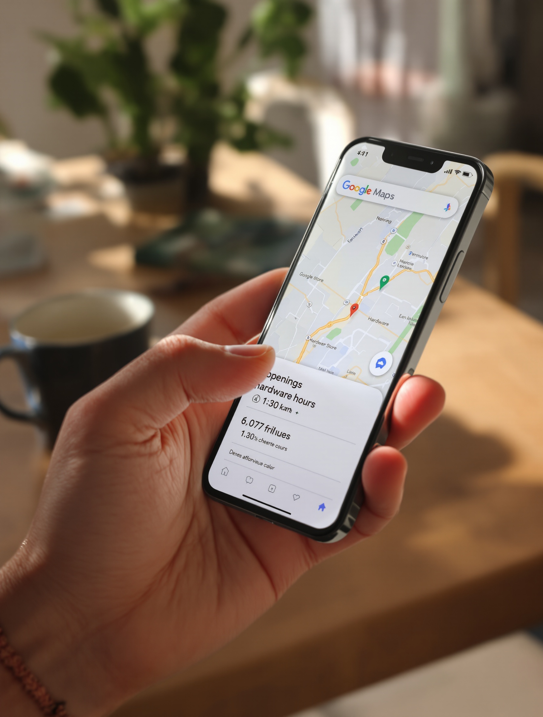 Smartphone sur Google Maps vérifiant les horaires d'un magasin de bricolage un dimanche matin