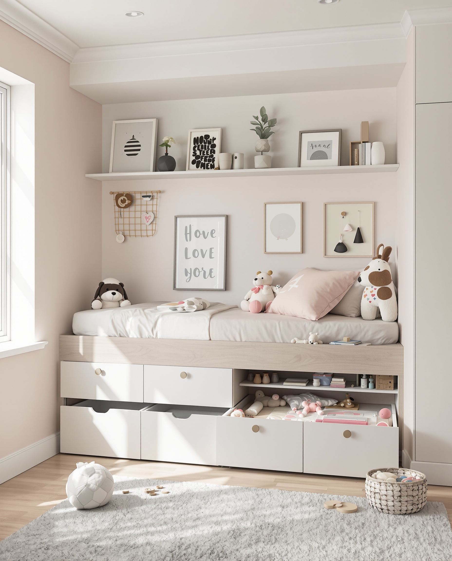 Exemple de solution de rangement intégrée et décorative dans une chambre d'enfant, comme un coffre à jouets stylé ou des tiroirs sous un lit plateforme.