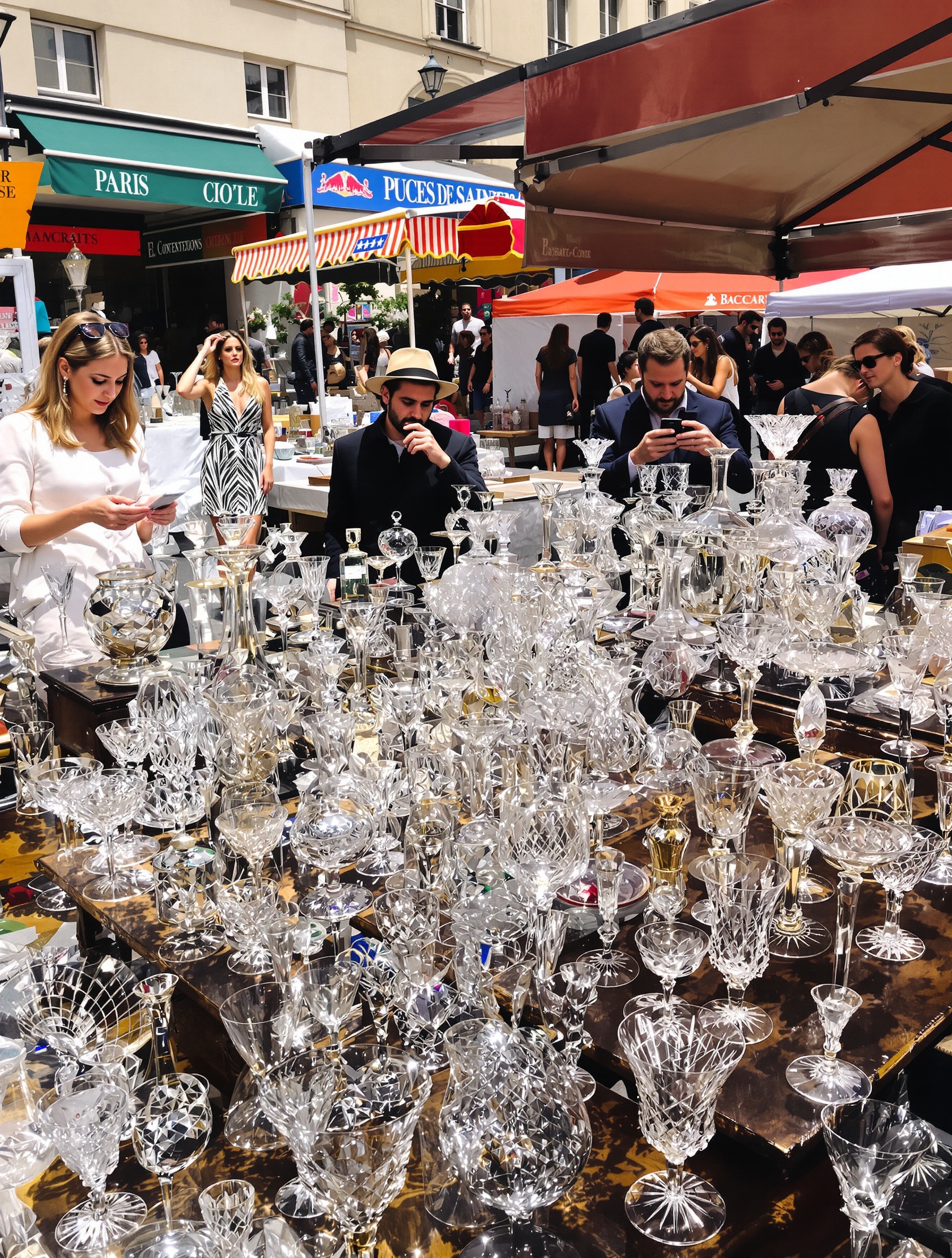 Stand aux Puces de Saint-Ouen présentant verrerie ancienne Baccarat