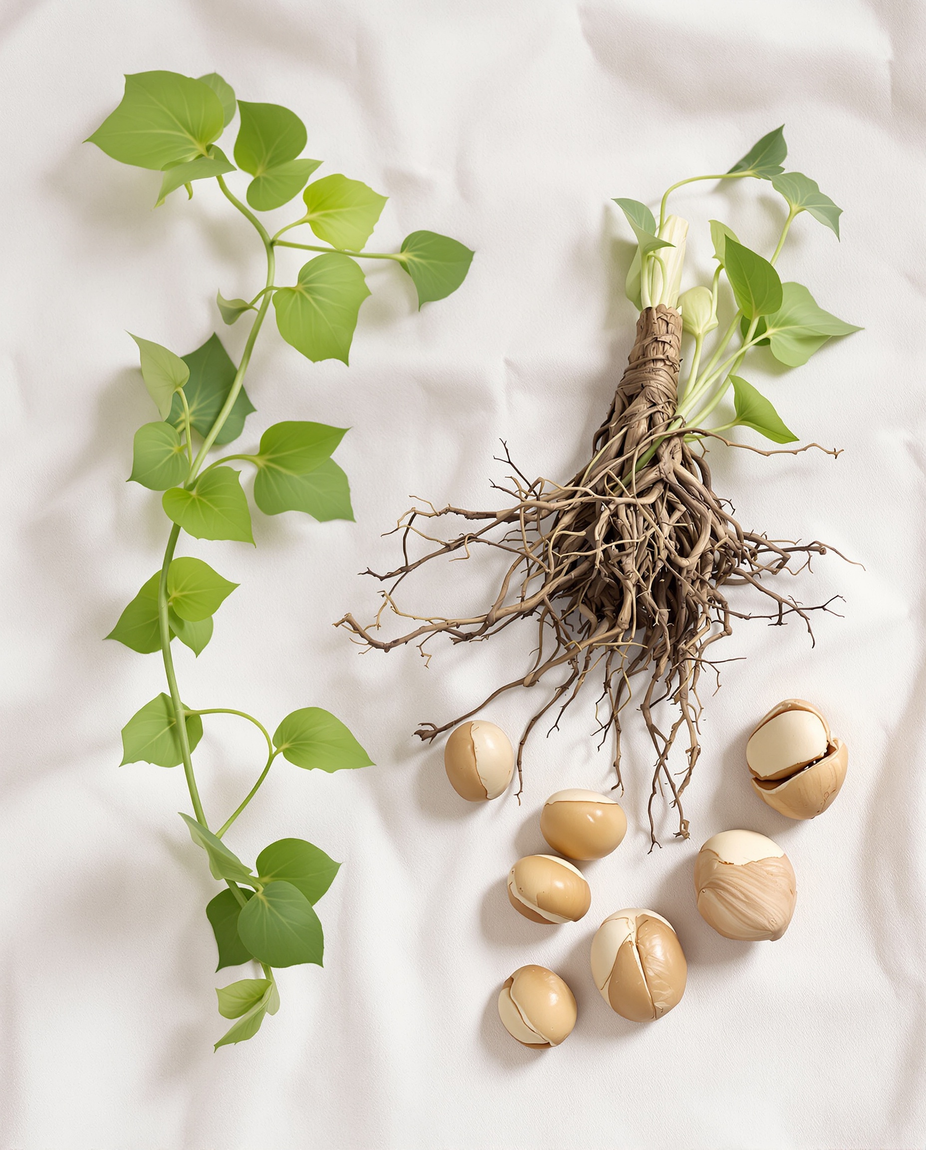 Composition artistique présentant les stars de la lessive végétale : des feuilles de lierre grimpant, des racines de saponaire officinale et quelques noix de lavage, disposées sur un fond en lin naturel.