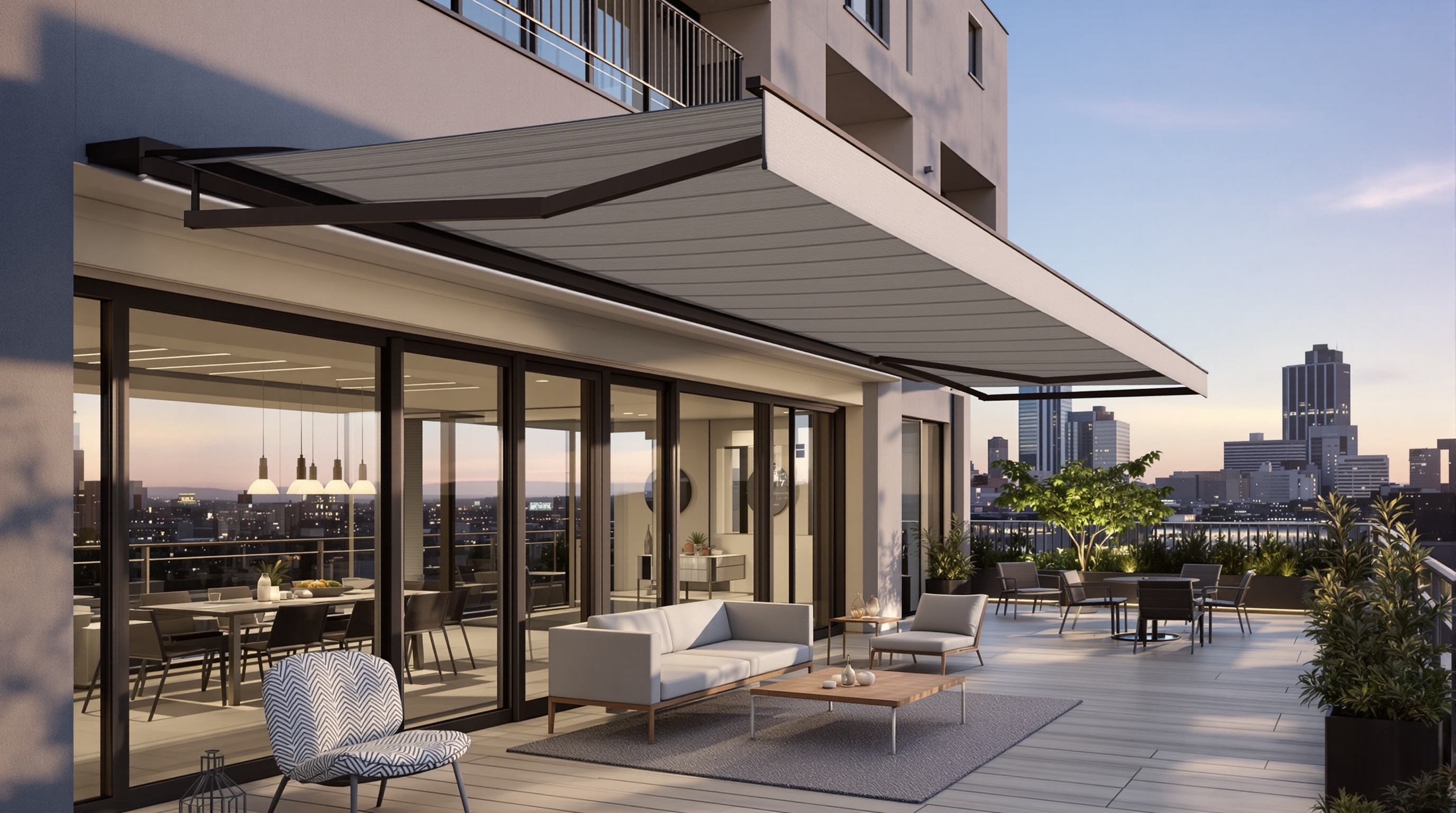 Store latéral rétractable design installé sur un balcon contemporain avec tissu texturé uni.