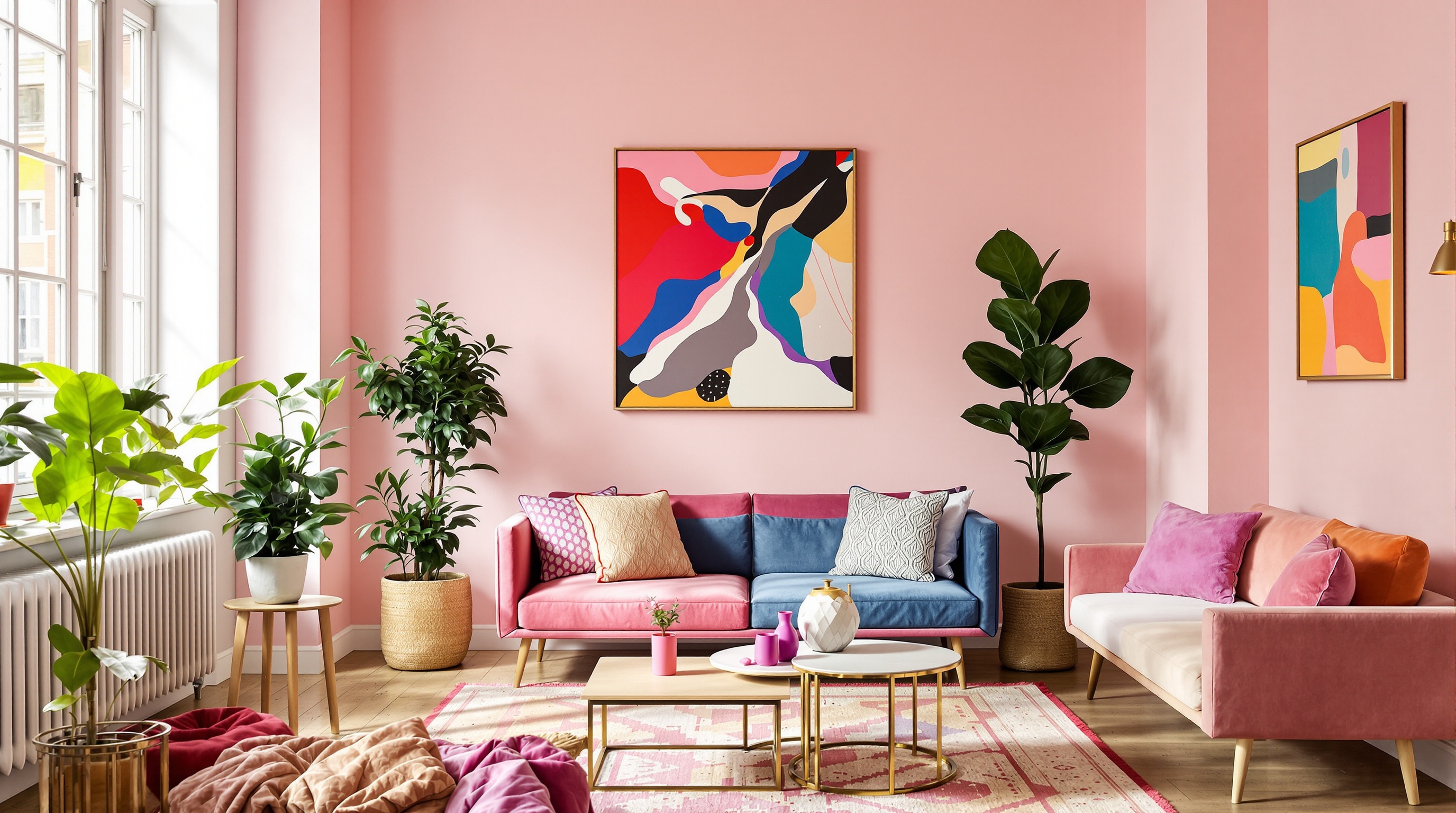 Studio urbain coloré, textures douces, accessoires artistiques