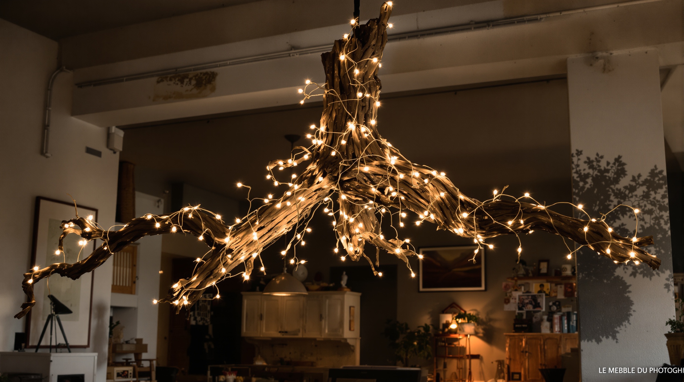 suspension lumineuse guirlande LED branche arbre, ambiance bohème chic