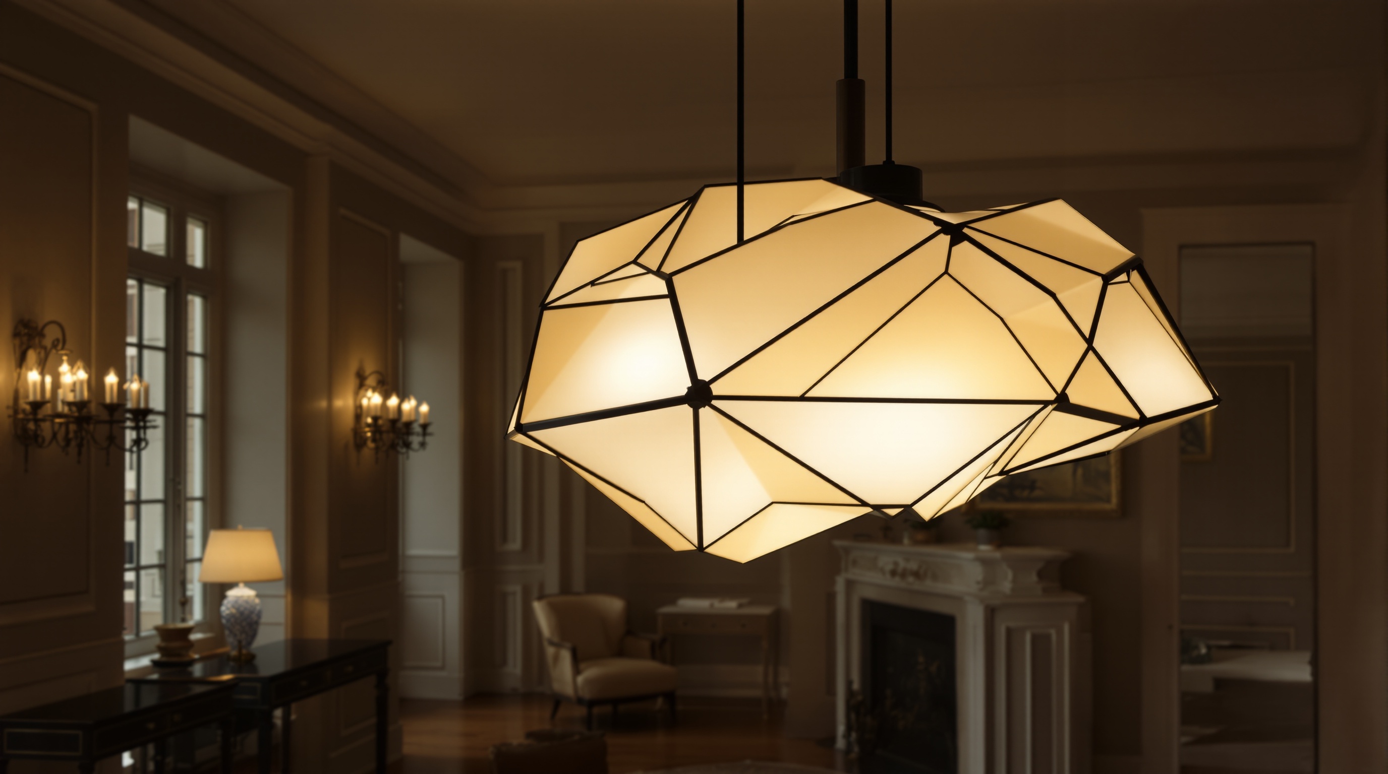 Une suspension lumineuse contemporaine et audacieuse, avec des formes géométriques et un éclairage diffus, photographiée dans un intérieur élégant, illustrant l'esthétique trouvée au Bazar de l'Électricité.