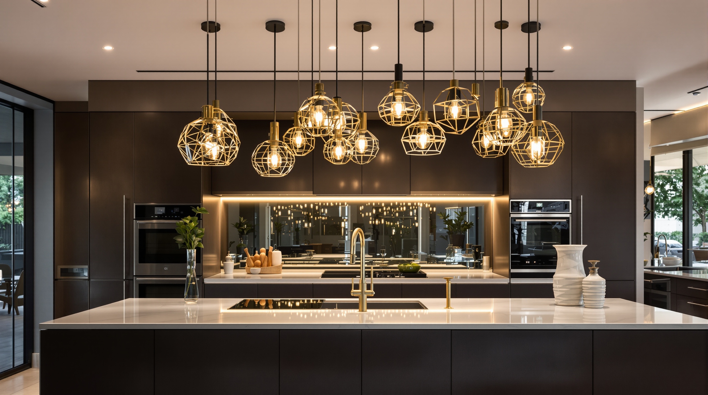 Suspensions design géométriques, sphériques et industrielles au-dessus d’un îlot central dans une cuisine ouverte