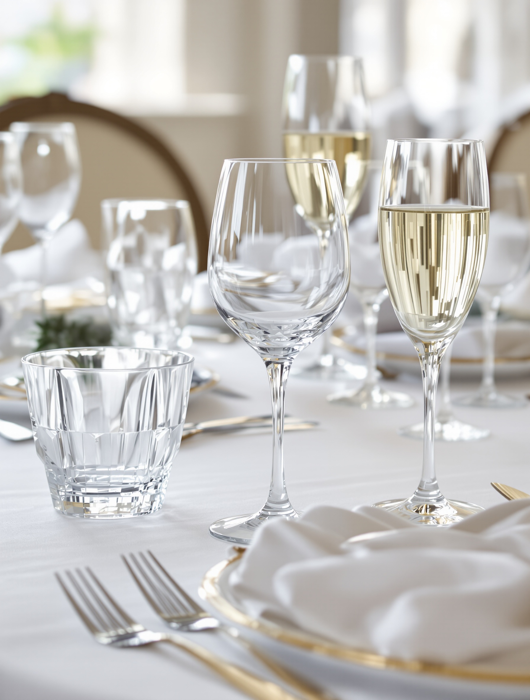 Table dressée selon l'art français avec alignement diagonal des verres à pied.