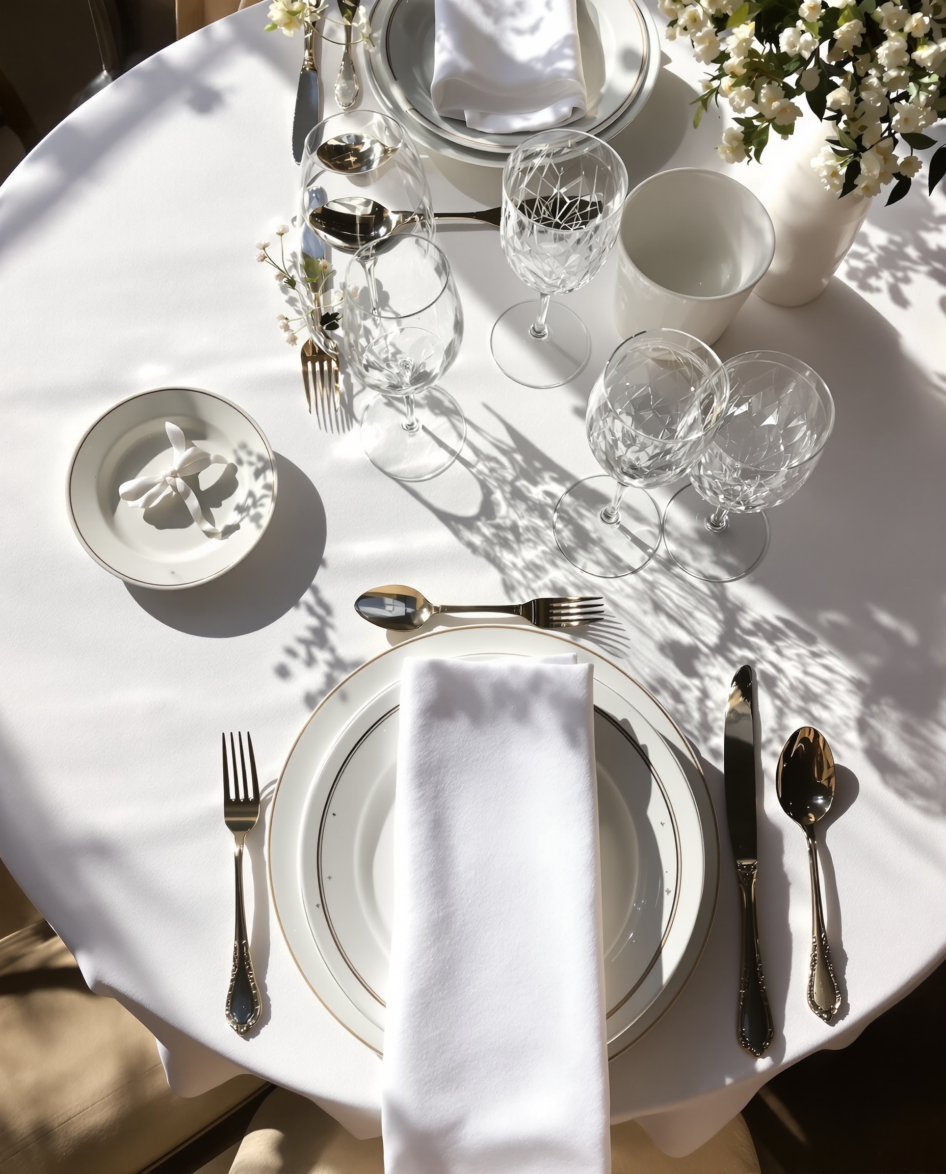 Exemple de placement correct des couverts et verres pour un dîner formel, illustrant l'élégance et la fonctionnalité.