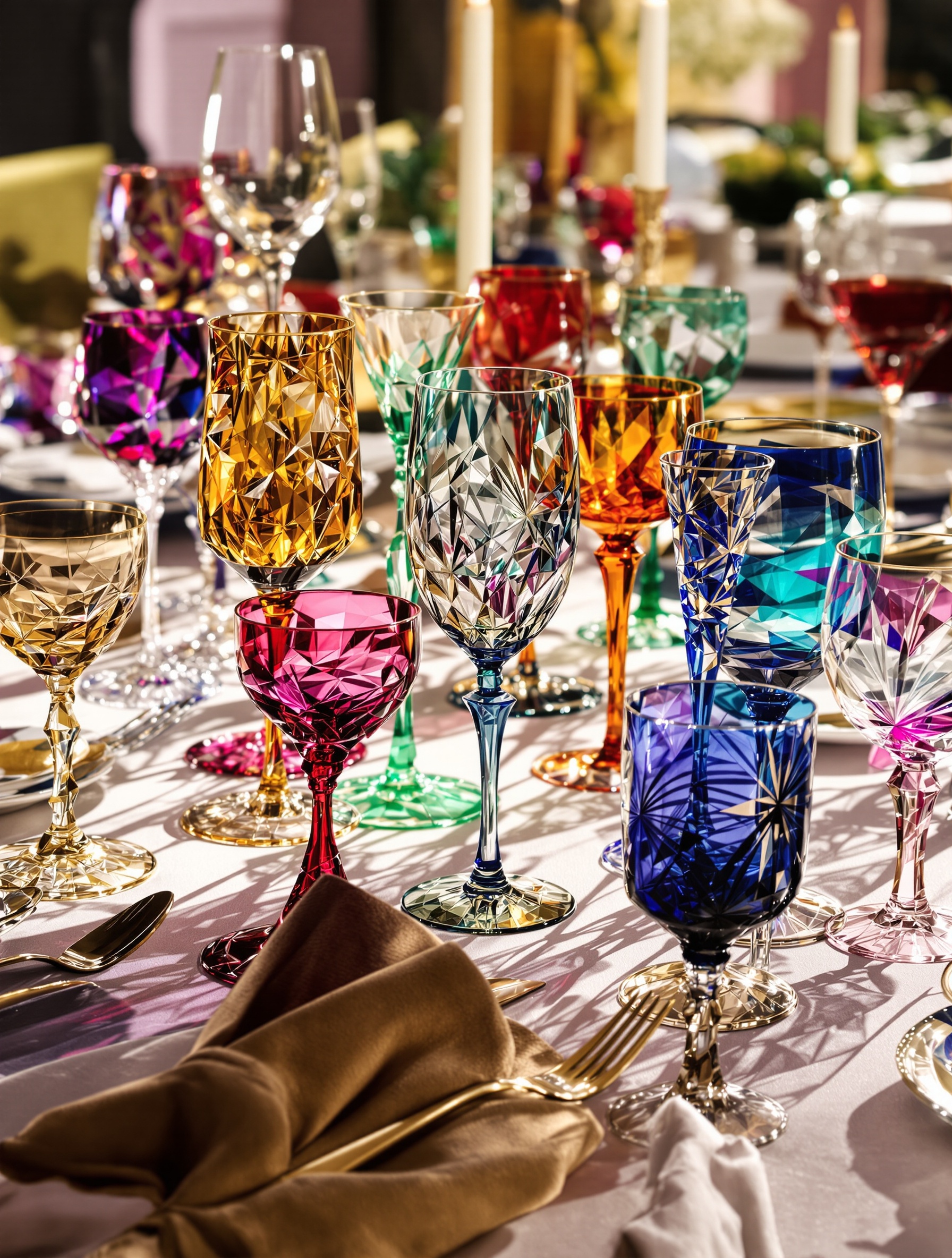 Table dressée élégamment avec assortiment de verres à pied originaux