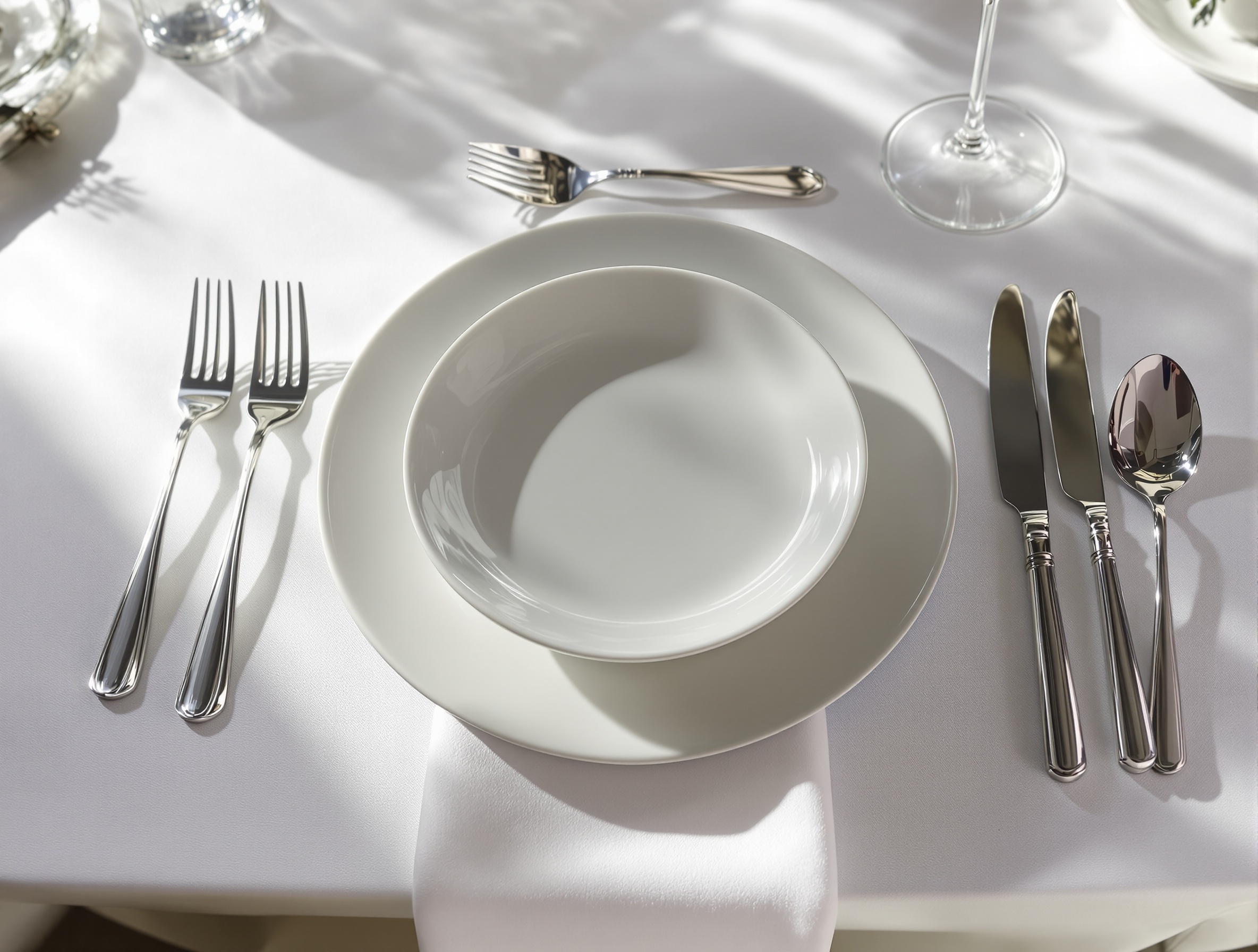 Assiettes superposées sur une table française : présentation parfaite, assiette creuse sur plate, couverts alignés.