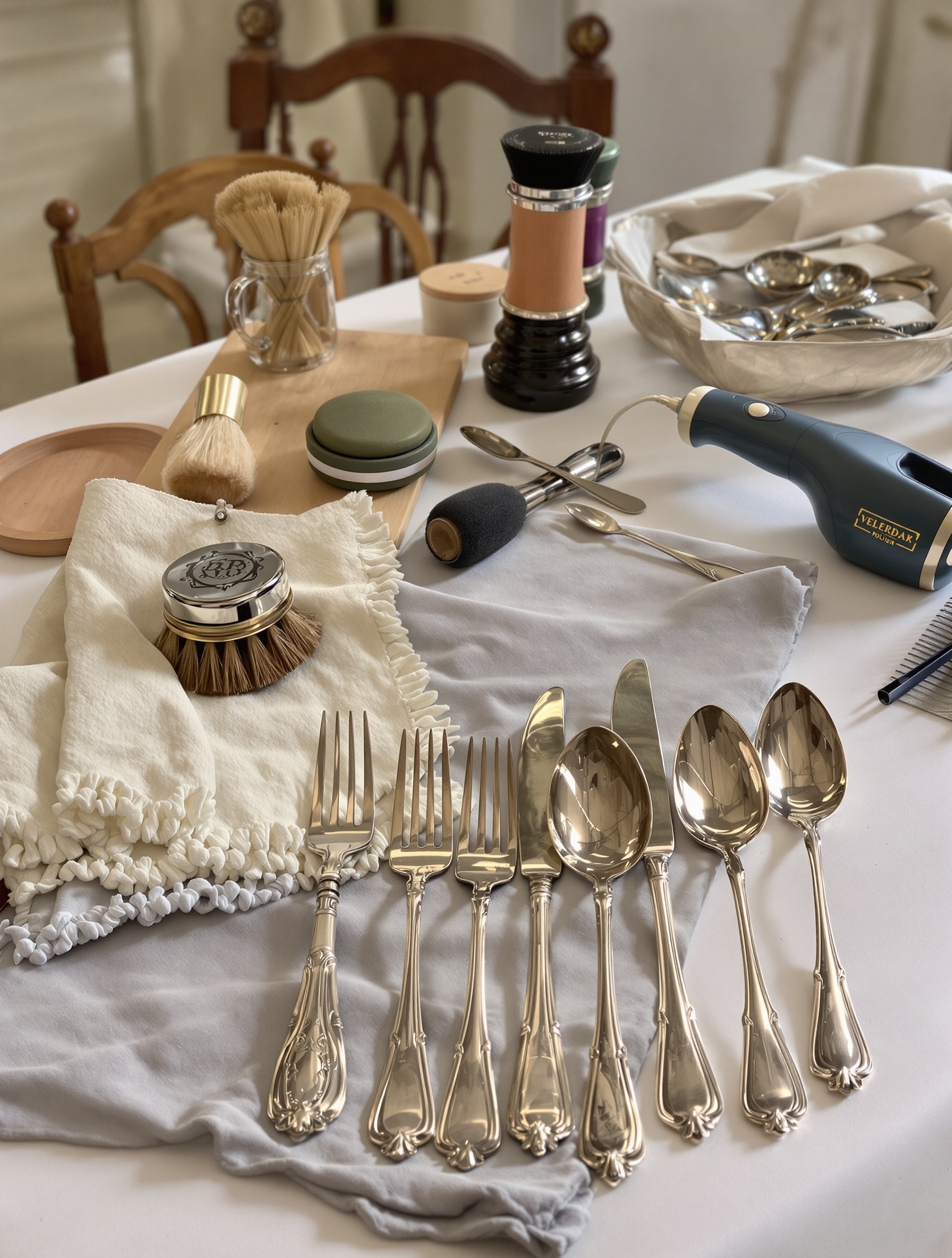 Argenterie ternie sur table néoclassique, outils traditionnels et modernes, ambiance de cabinet éclairé