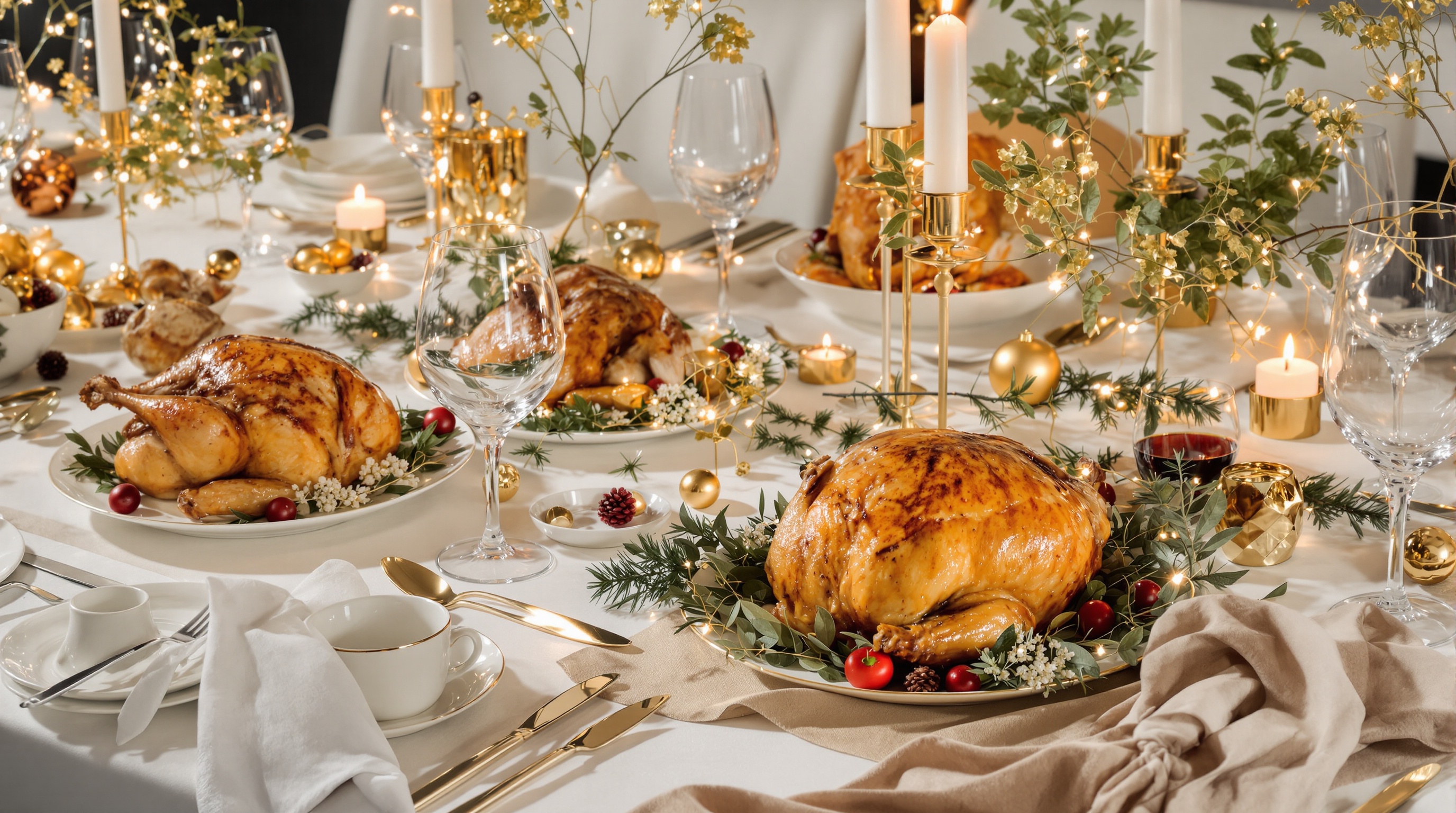 Table de fête française moderne avec volailles rôties