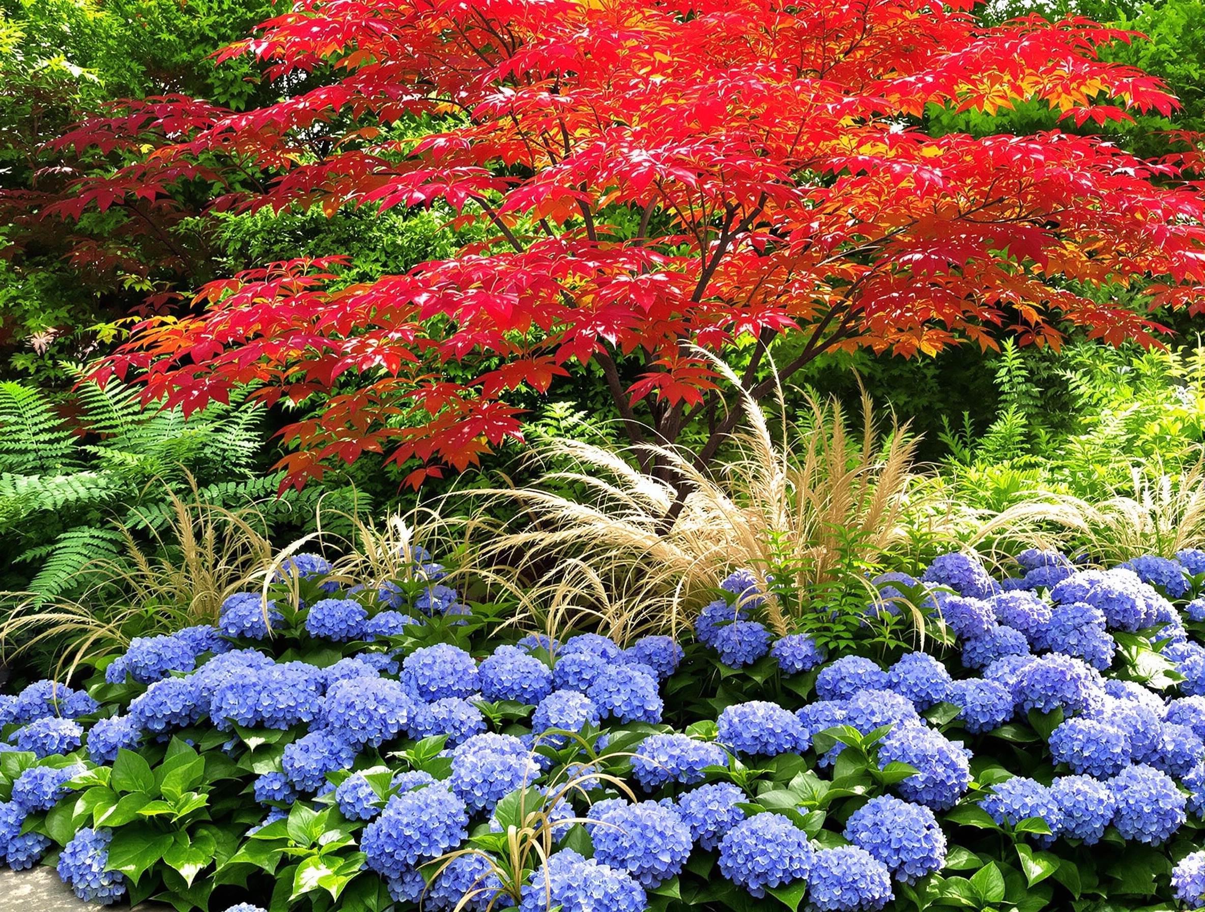 Tableau vivant où la rondeur des hortensias bleus dialogue avec la finesse des graminées et la profondeur des fougères, sous le regard d'un érable japonais aux feuilles flamboyantes.