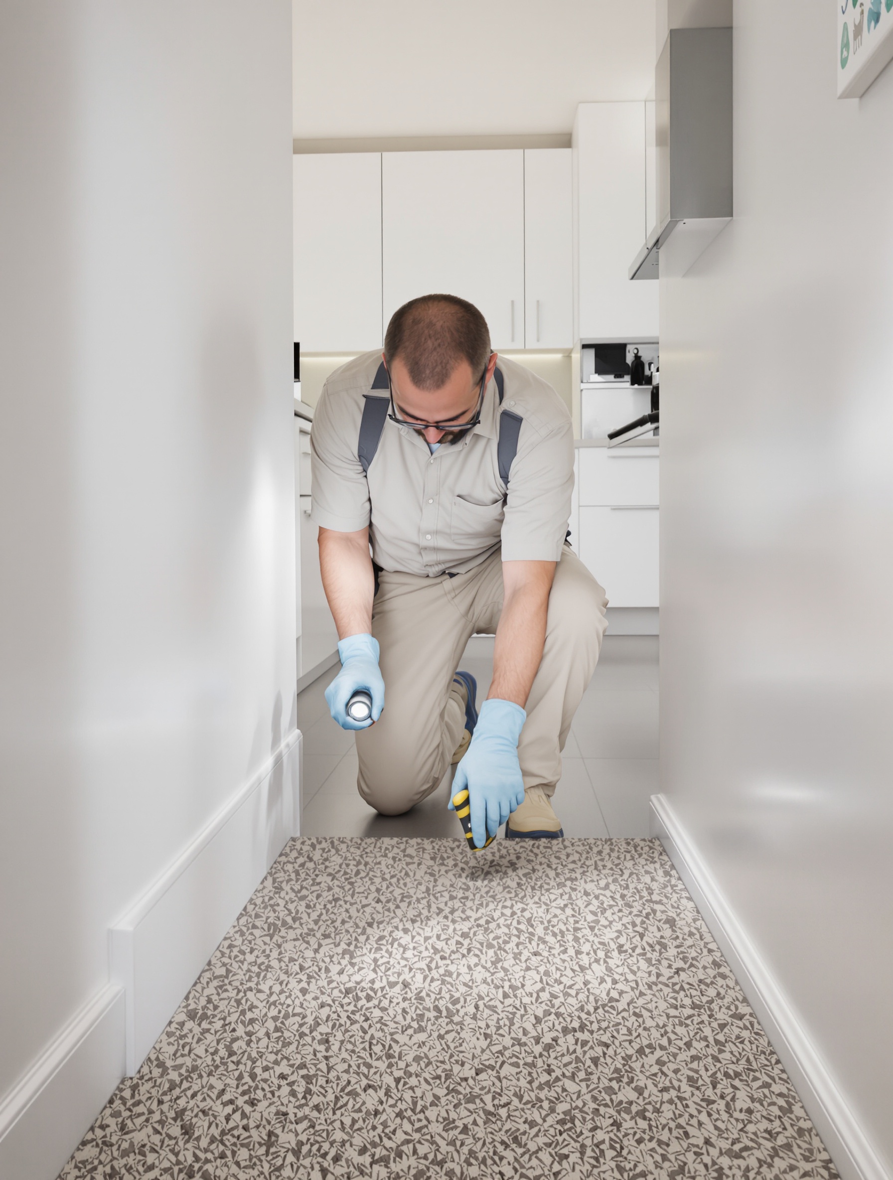 Technicien dératisation inspectant une cuisine moderne
