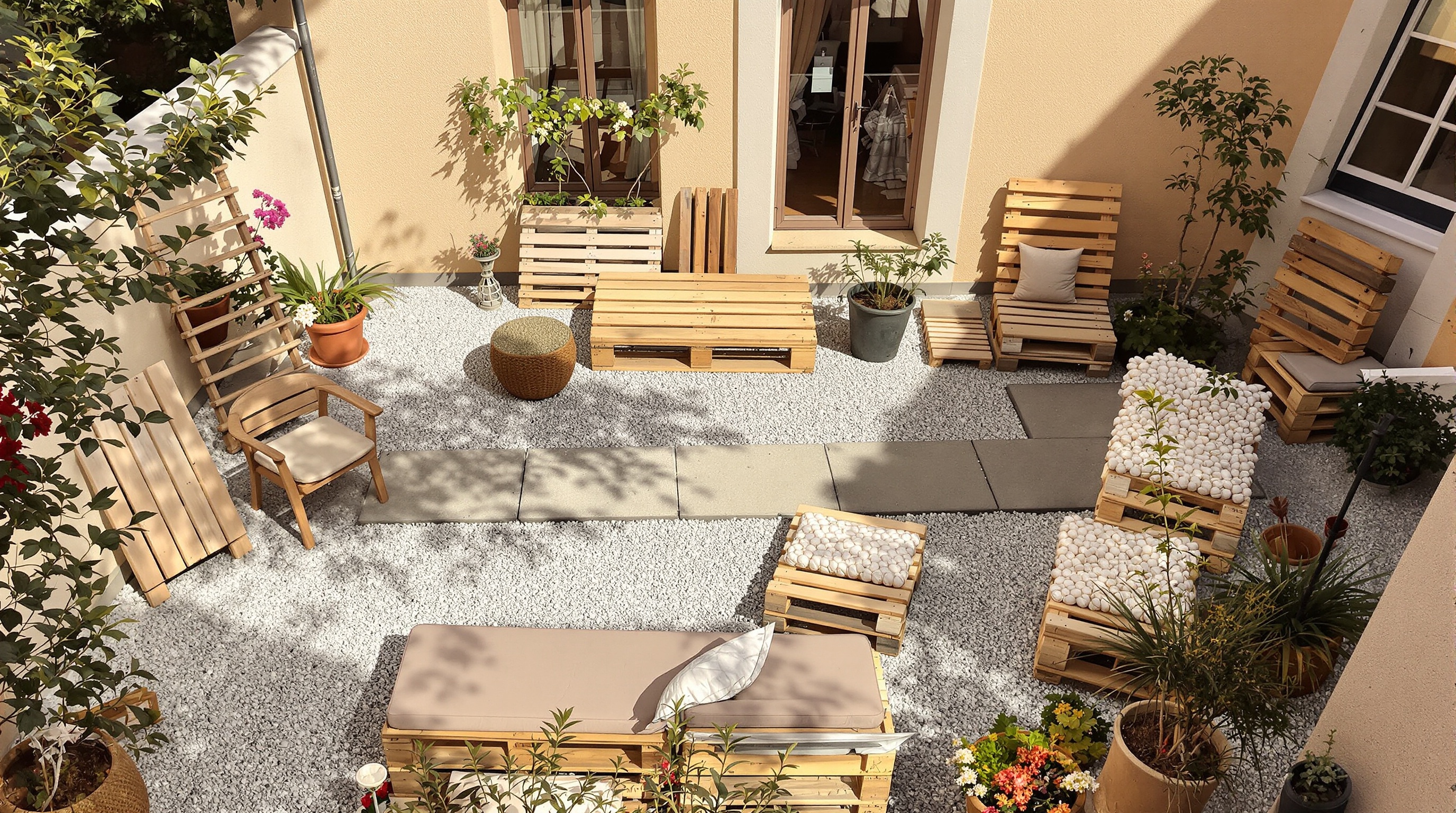 Terrasse gravier, dalles sur plots, salon palettes - version stylée et modeste