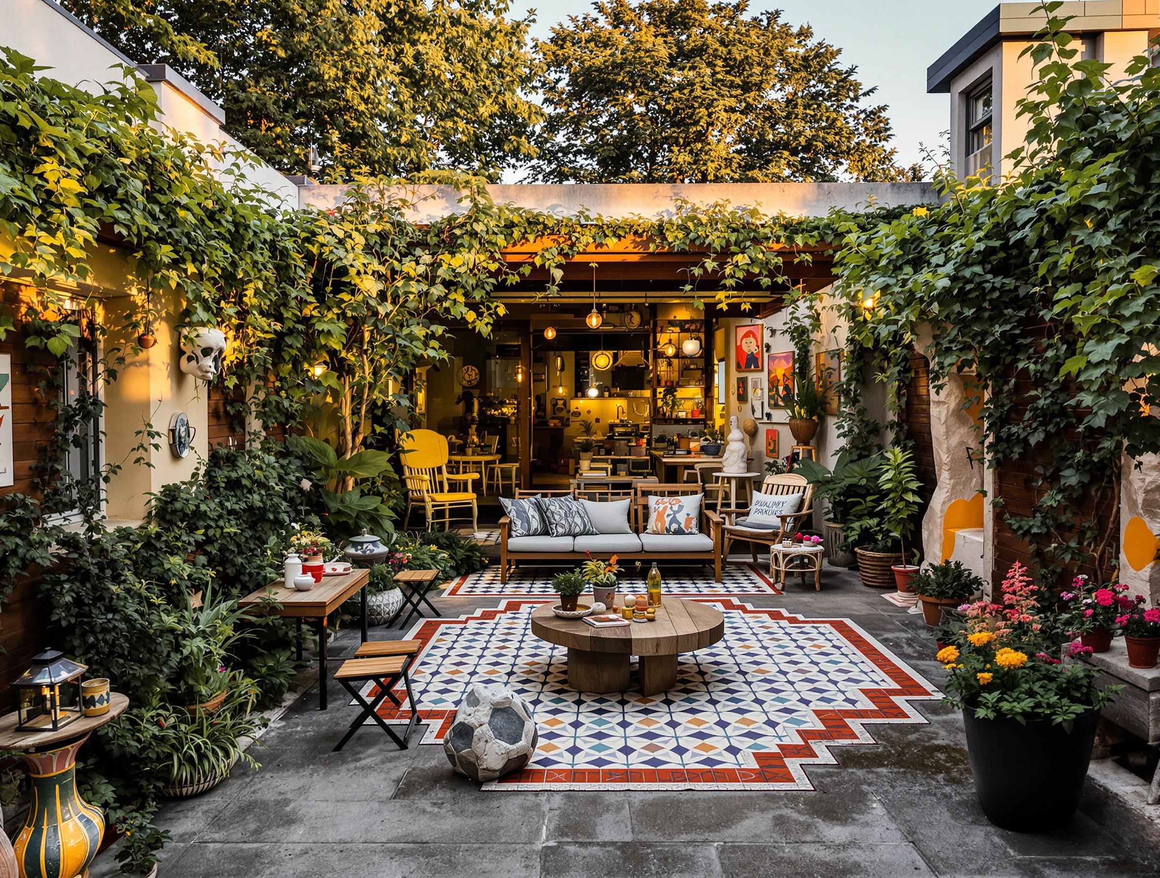 Terrasse insolite, mélange de matériaux, lumière dorée, ambiance personnalisée