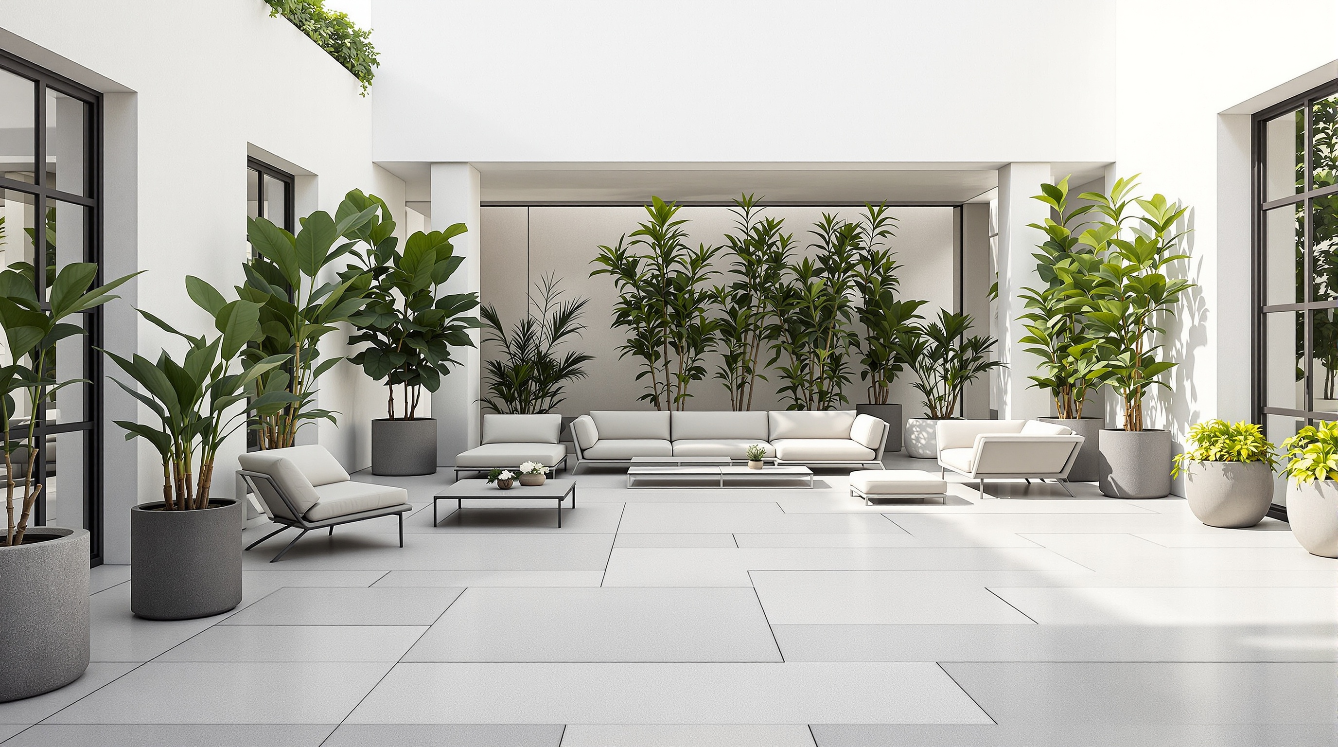 Terrasse minimaliste réalisée avec des dalles de béton grand format, mettant en valeur un mobilier design et une végétation graphique. La preuve que simplicité rime avec élégance.