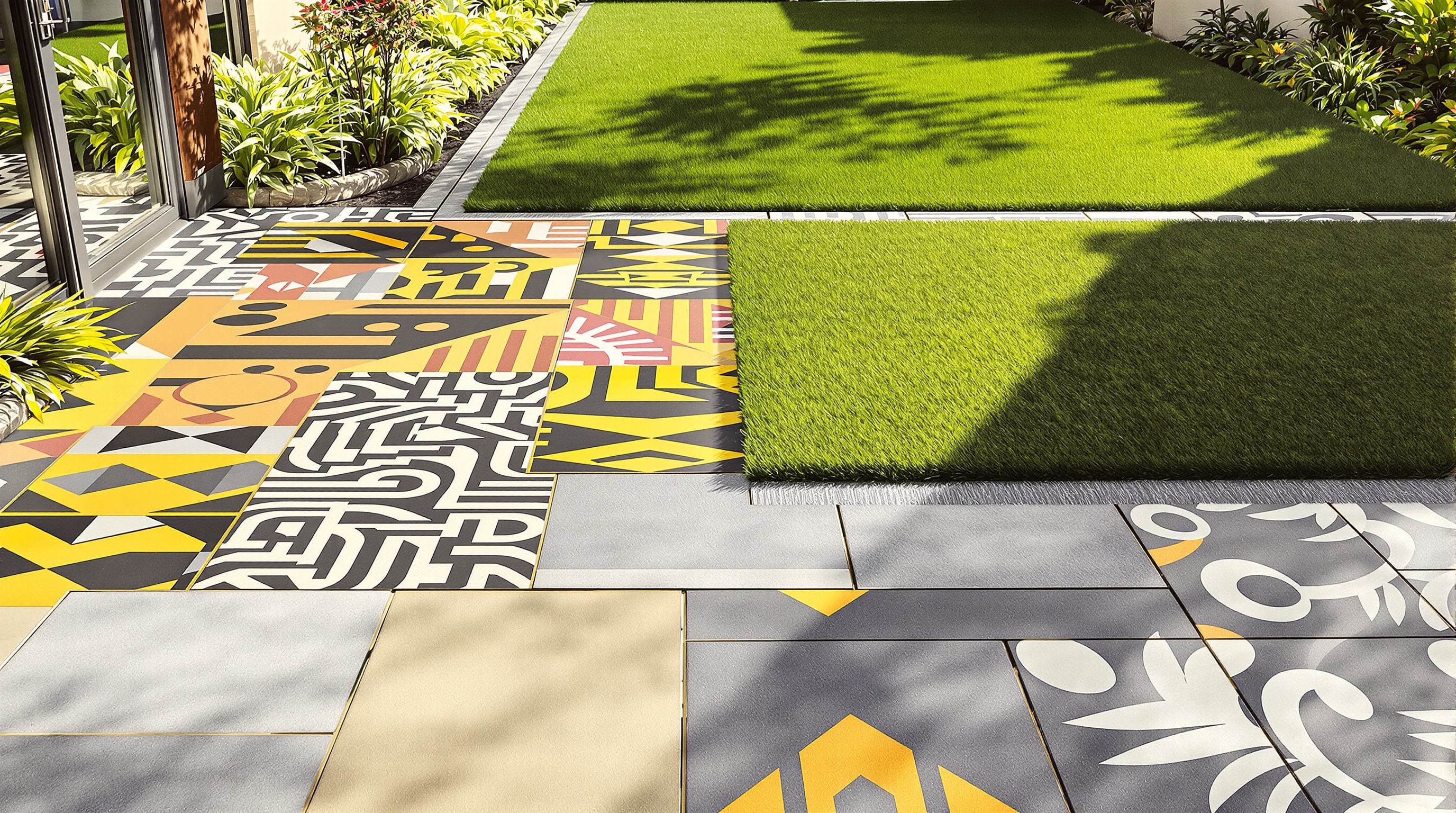 Terrasse éclectique carrelage pavés gazon synthétique lumière rasante