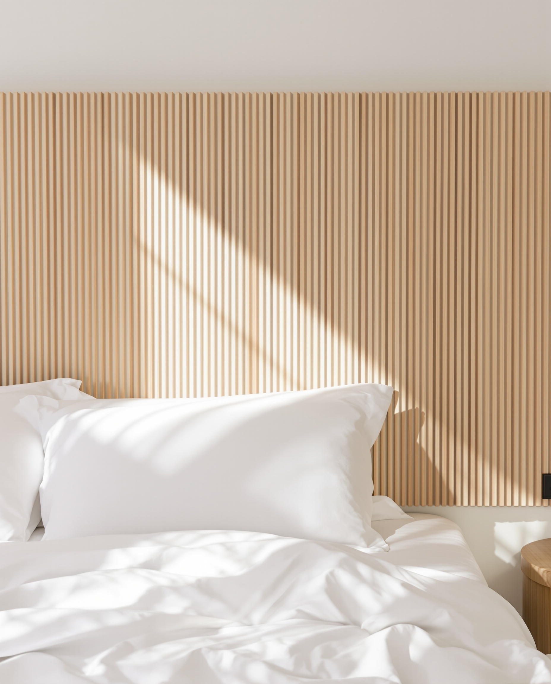 Tête de lit en tasseaux de bois clair style Japandi