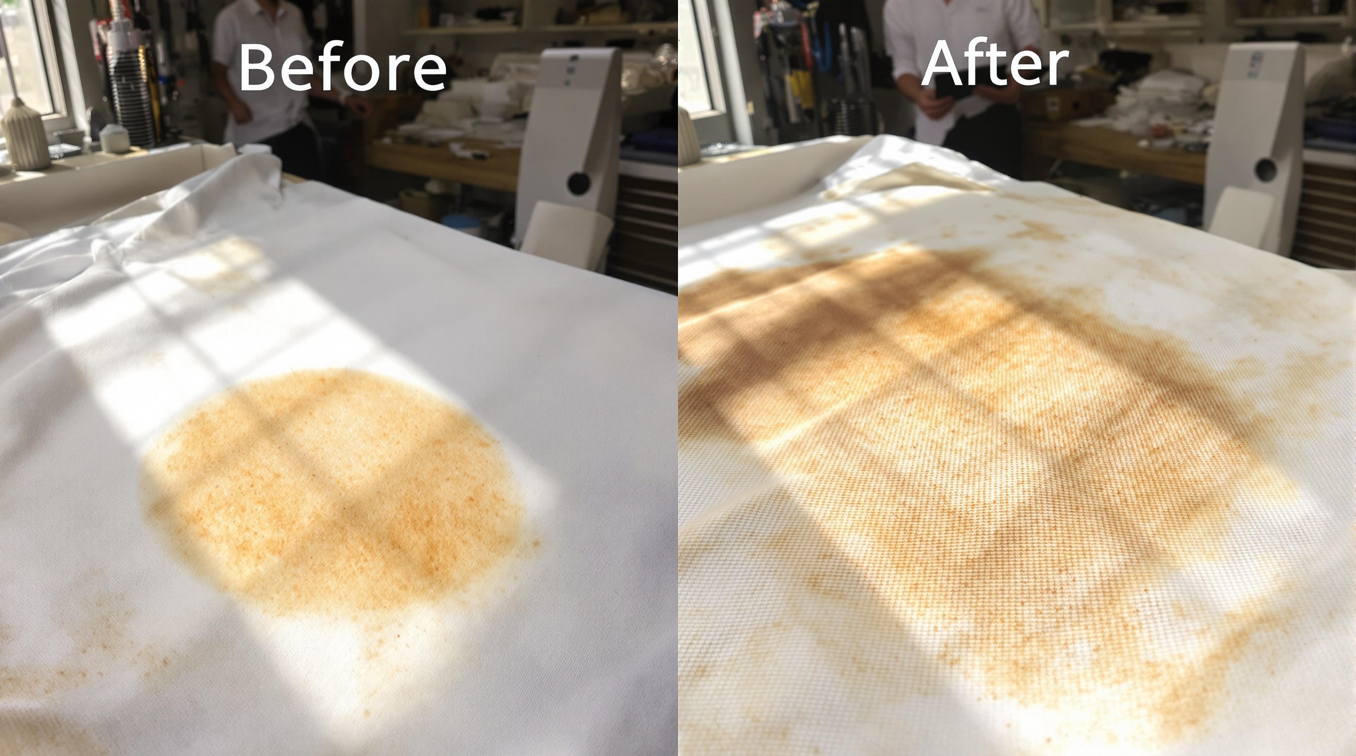 Exemple de tache de rouille sur un tissu blanc et le résultat après traitement.