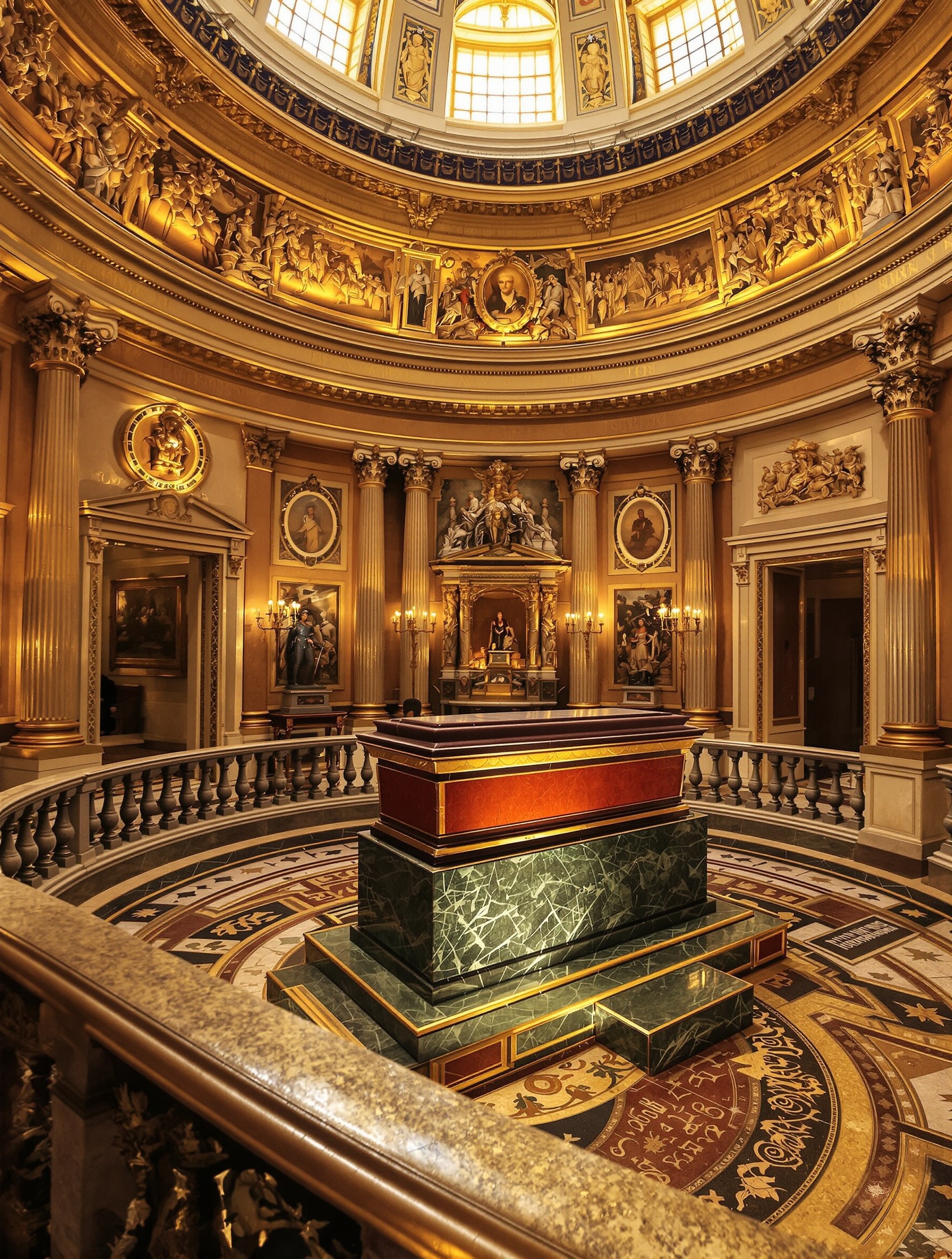 Le Tombeau de Napoléon Ier vu depuis la balustrade de la crypte, mettant en valeur l'imposant sarcophage en quartzite rouge reposant sur un socle de granit vert, sous la lumière dorée du Dôme des Invalides.